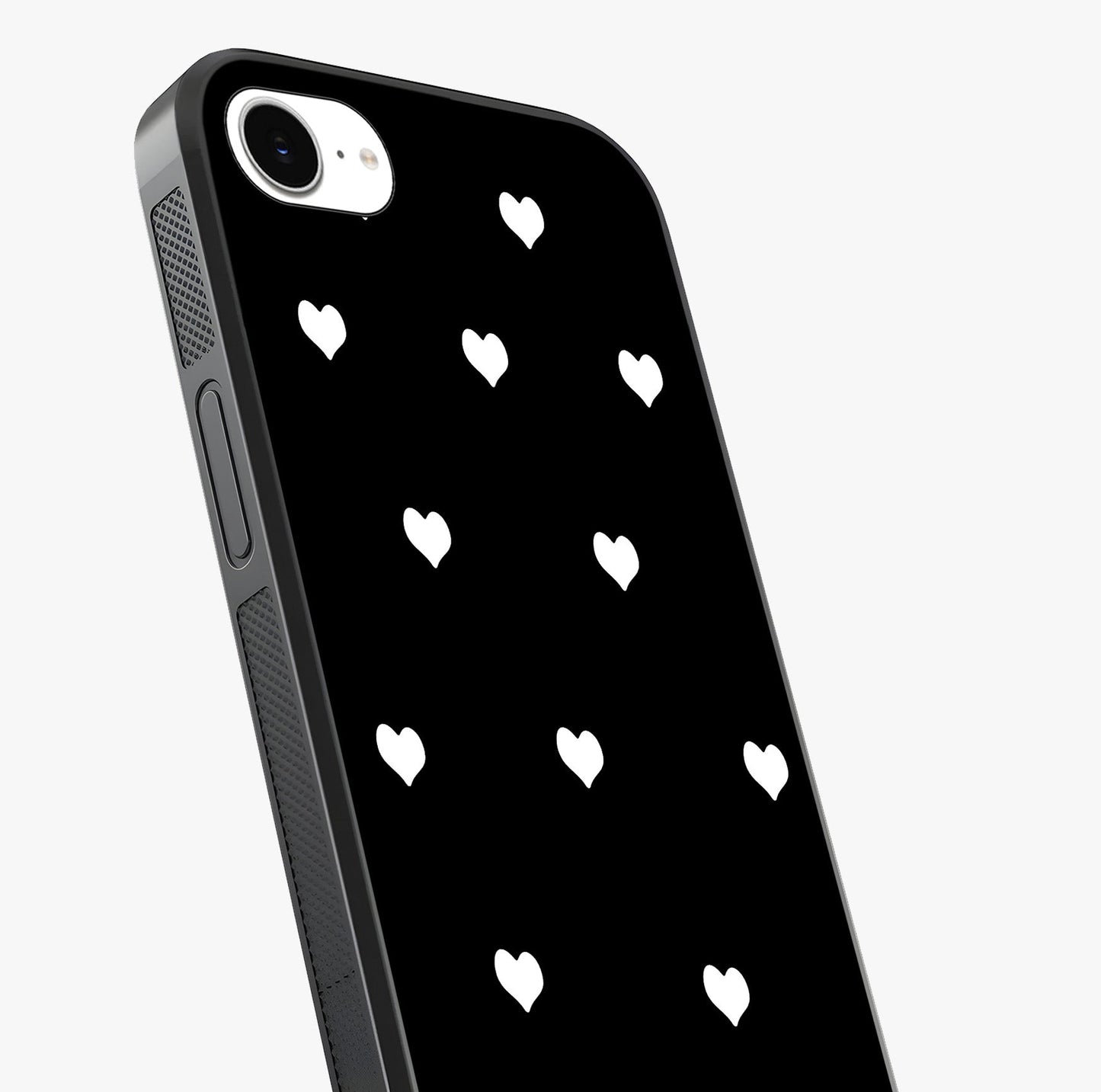 Cute And Simple White Hearts Glass Case captured at a warm angle highlighting gloss, texture and premium glass finish.