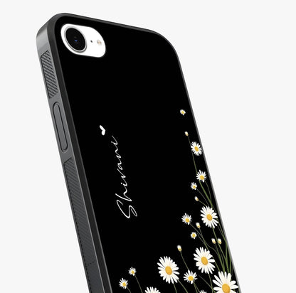 Daisy Cascade Custom Name Glass Case captured at a warm angle highlighting gloss, texture and premium glass finish.