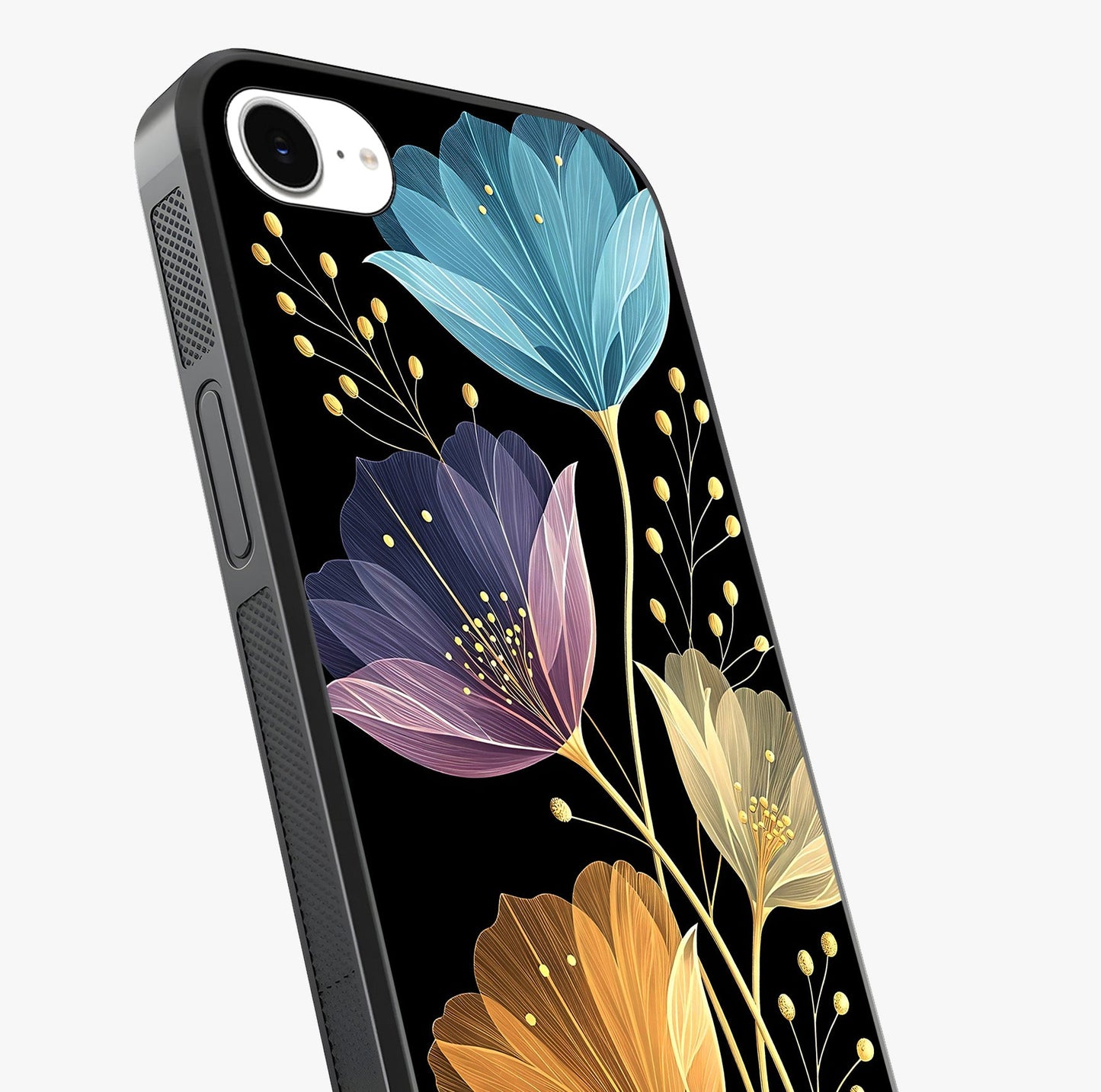 Delicate Multicolor Flowers Glass Case captured at a warm angle highlighting gloss, texture and premium glass finish.