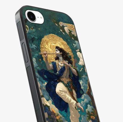 Divine Krishna Art Glass Case captured at a warm angle highlighting gloss, texture and premium glass finish.