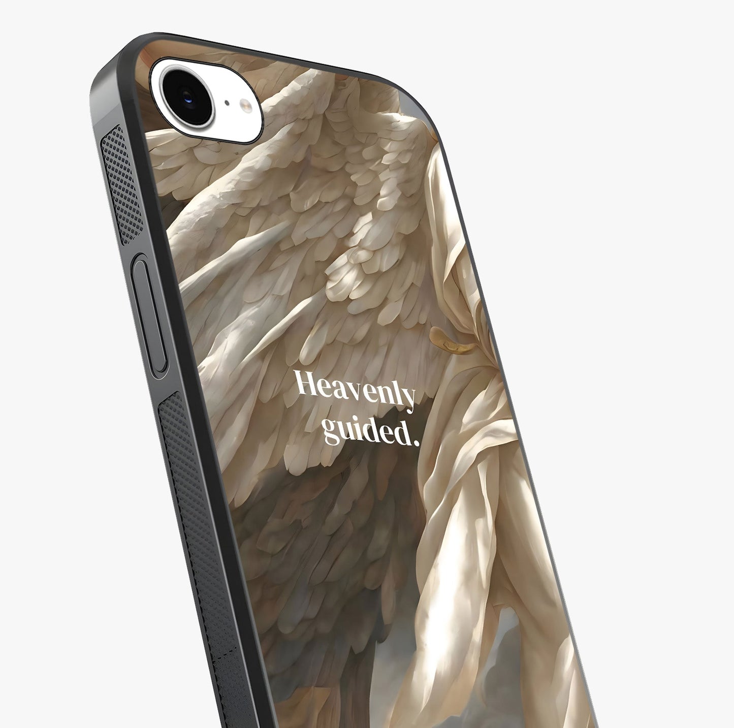 Divine Winged Grace Glass Case captured at a warm angle highlighting gloss, texture and premium glass finish.