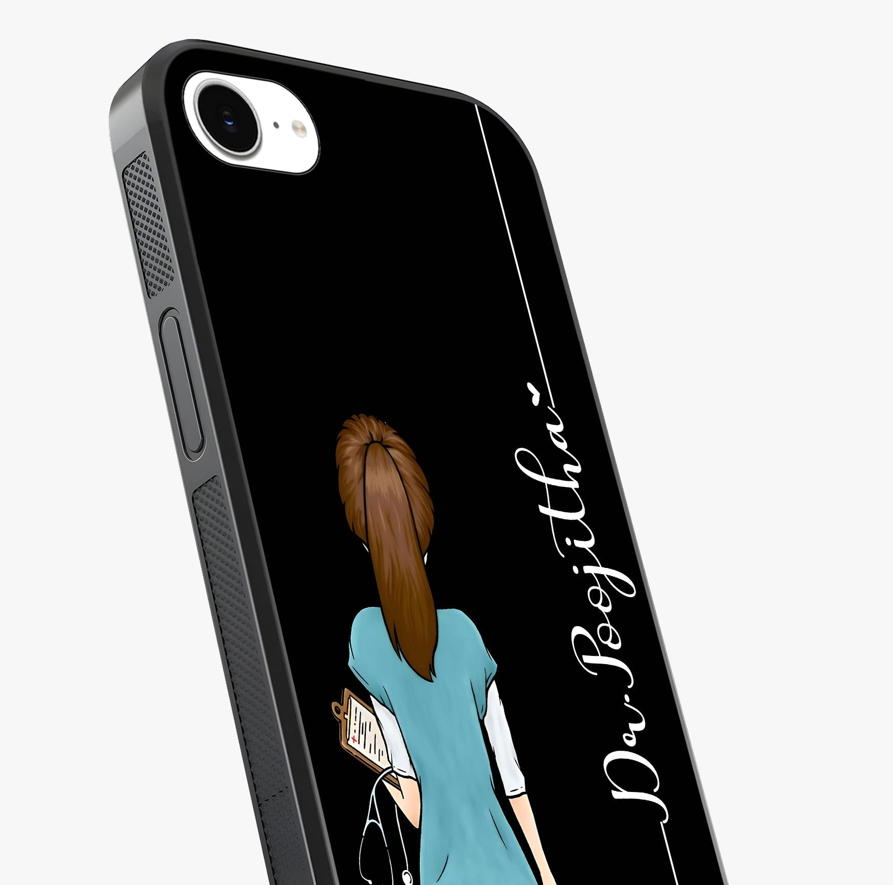 Doctor Pattern Custom Name Glass Case captured at a warm angle highlighting gloss, texture and premium glass finish.
