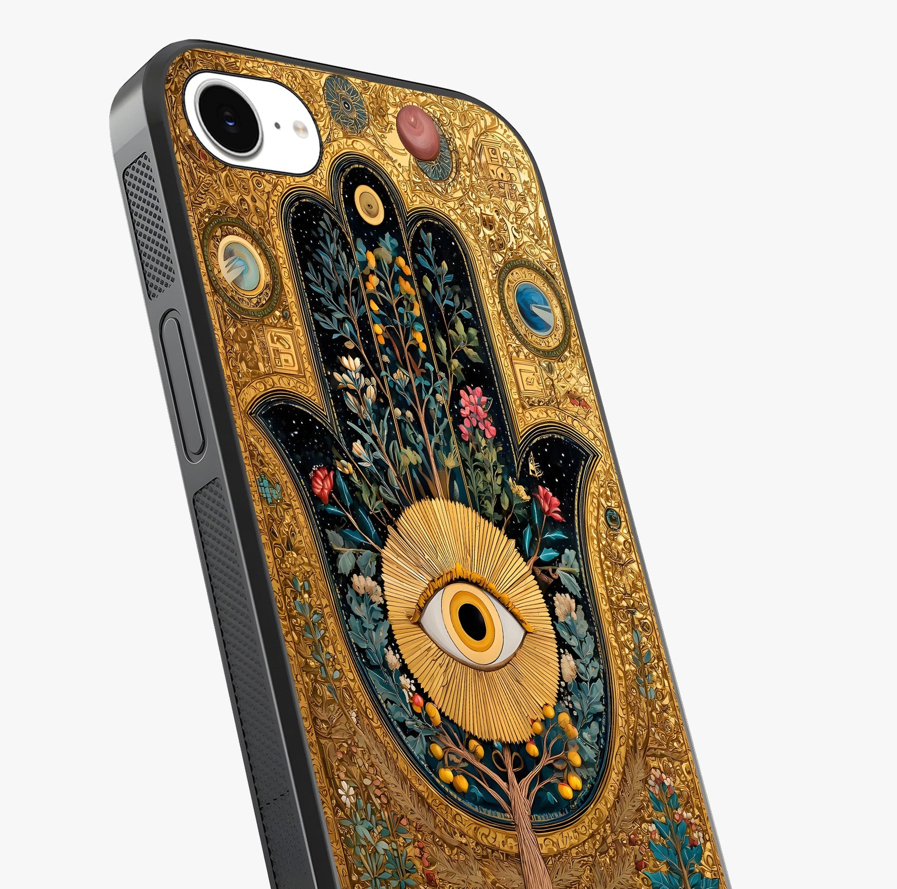 Ethereal Evil Eye Glass Case captured at a warm angle highlighting gloss, texture and premium glass finish.
