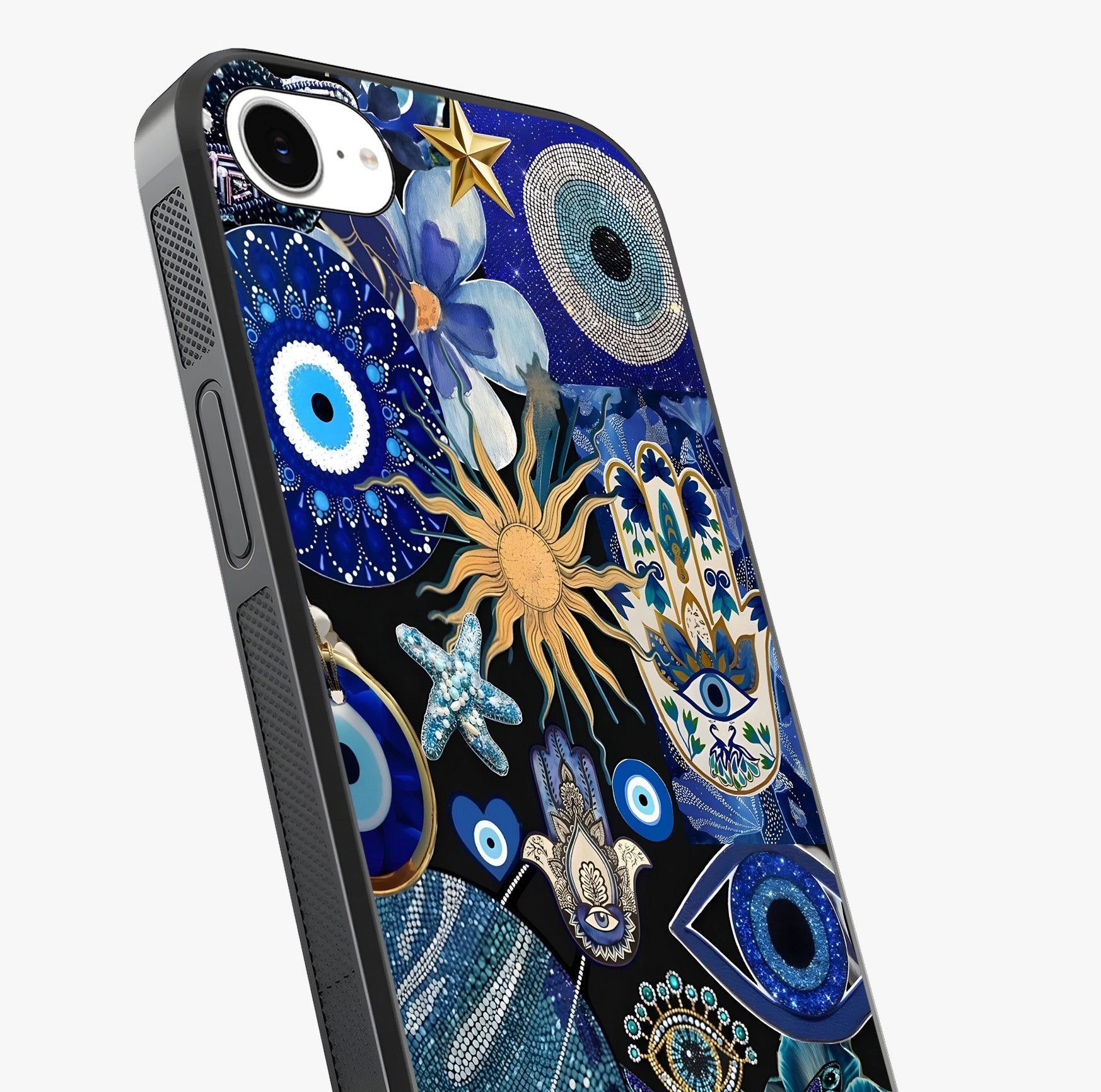 Evil Eye Charm Mix Glass Case captured at a warm angle highlighting gloss, texture and premium glass finish.