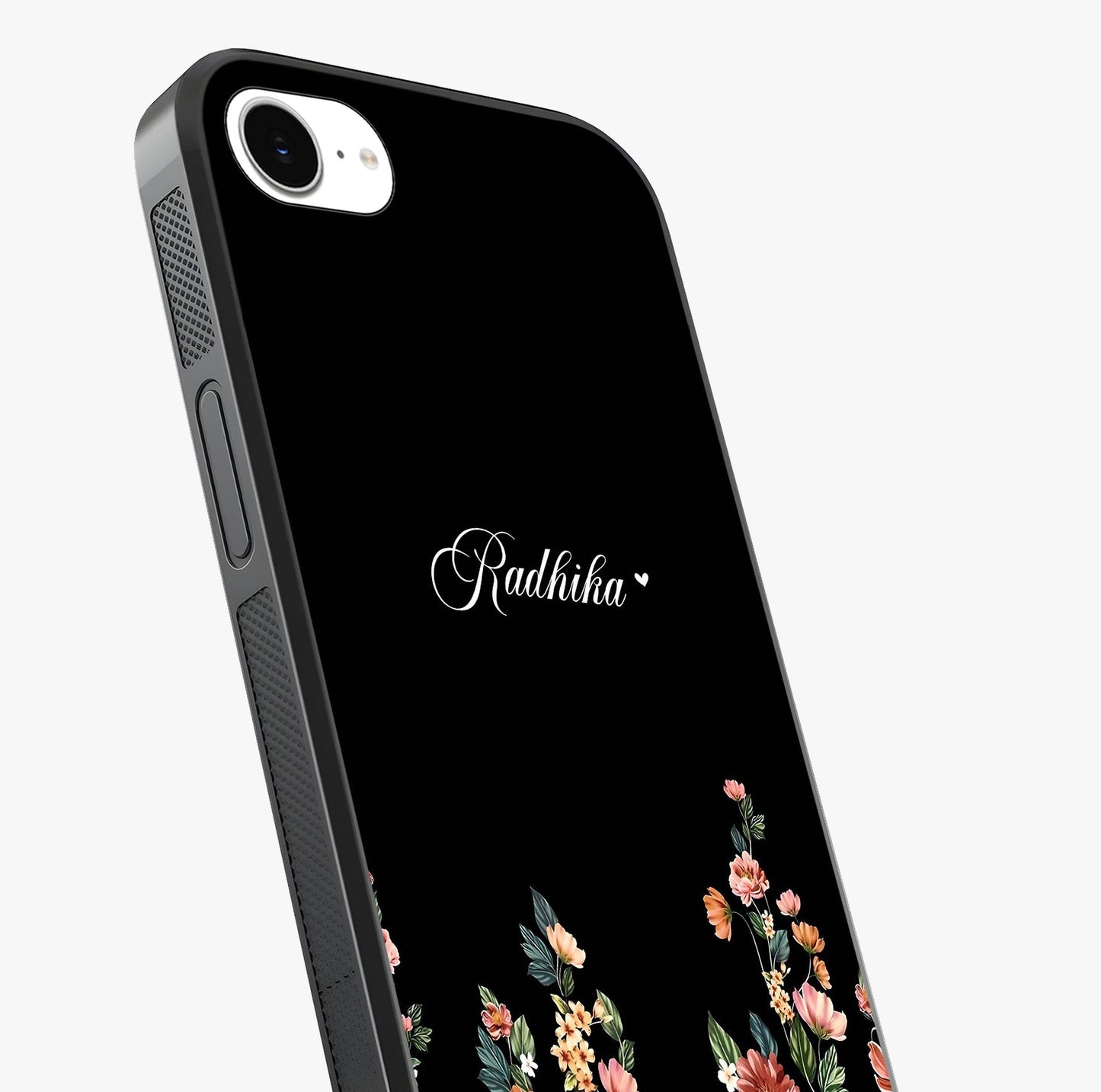 Floral Design With A Custom Personalized Name Glass Case captured at a warm angle highlighting gloss, texture and premium glass finish.