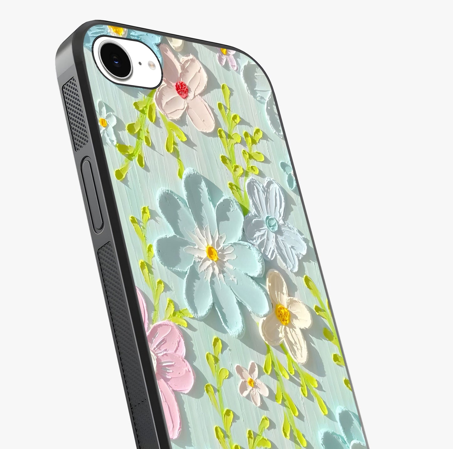 Frosted Petal Garden Glass Case captured at a warm angle highlighting gloss, texture and premium glass finish.