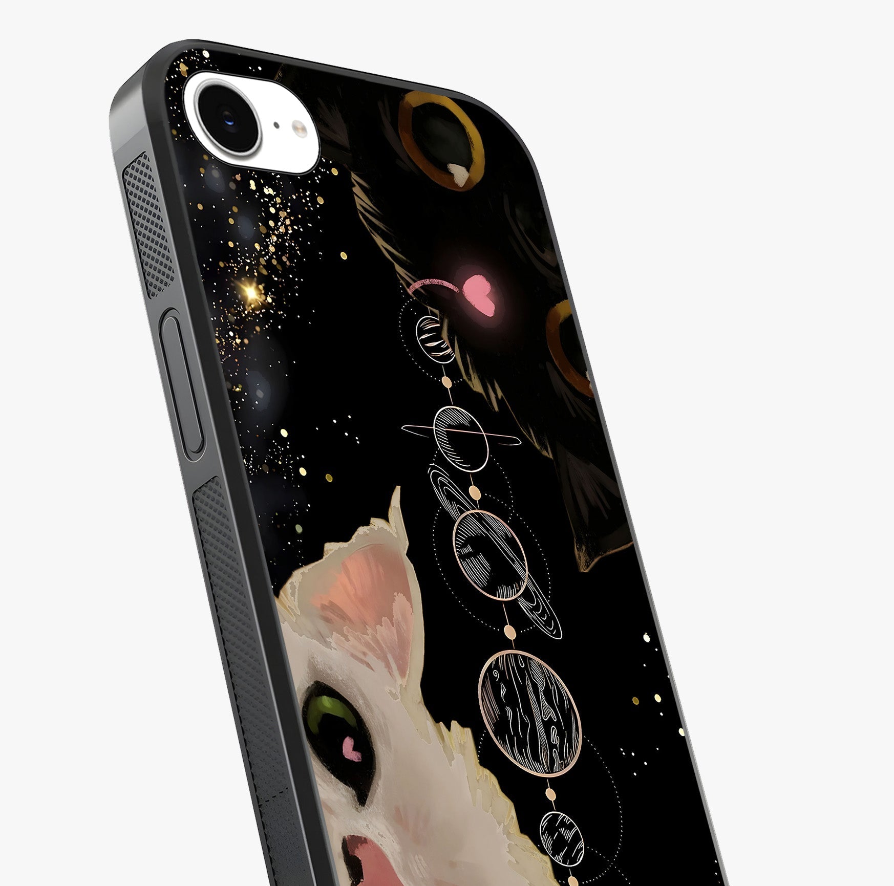 Galactic Cat Glass Case captured at a warm angle highlighting gloss, texture and premium glass finish.