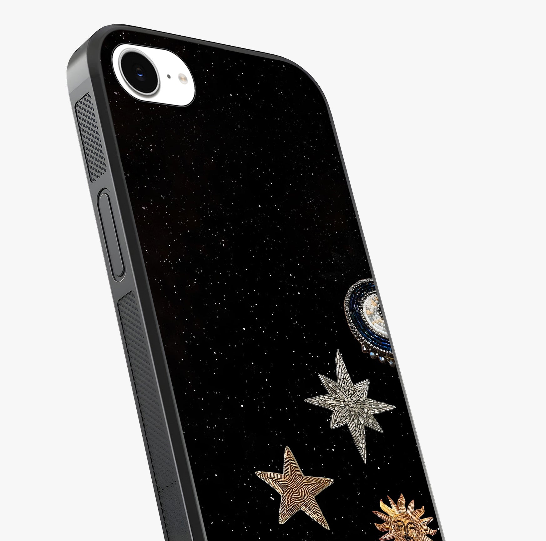Galactic Charm Glow Glass Case captured at a warm angle highlighting gloss, texture and premium glass finish.