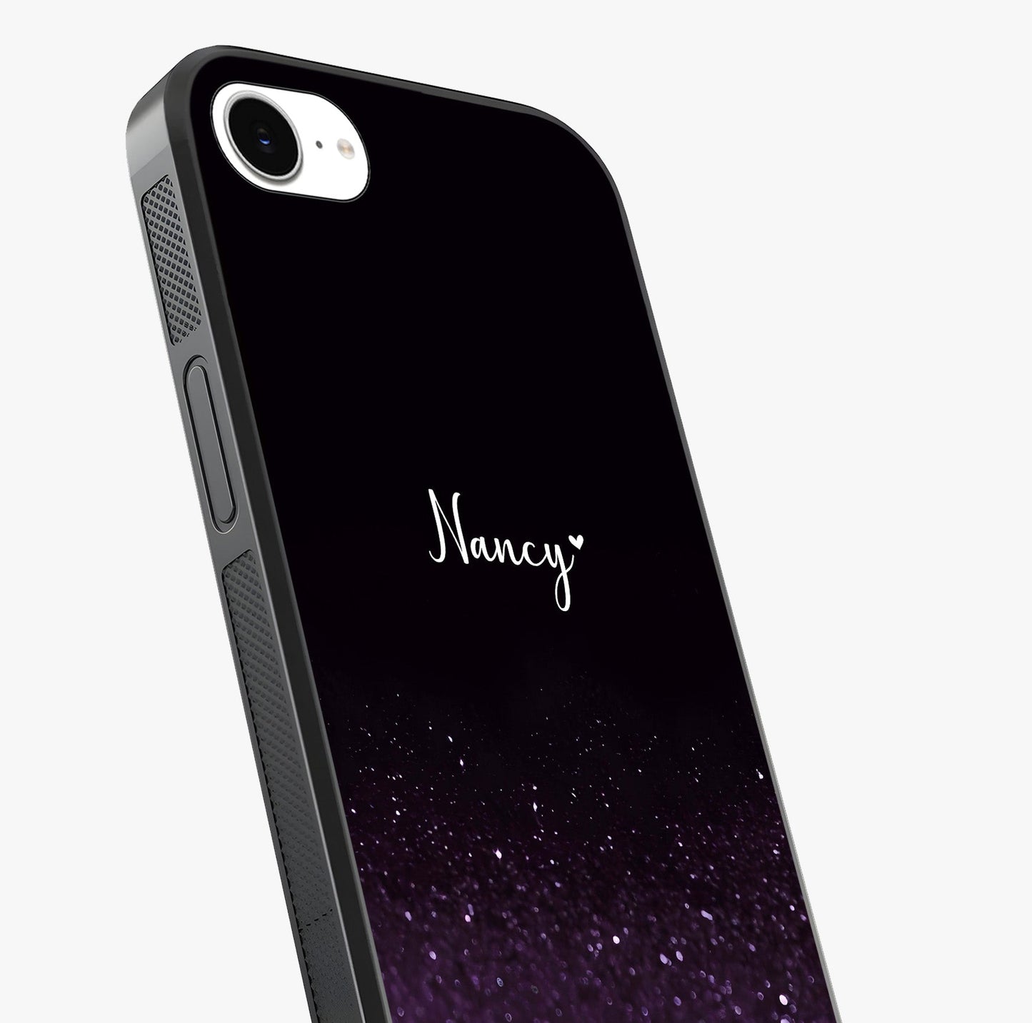 Glittery Purple Bokeh Custom Name Glass Case captured at a warm angle highlighting gloss, texture and premium glass finish.
