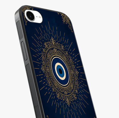 Golden Evil Eye Mandala Glass Case captured at a warm angle highlighting gloss, texture and premium glass finish.