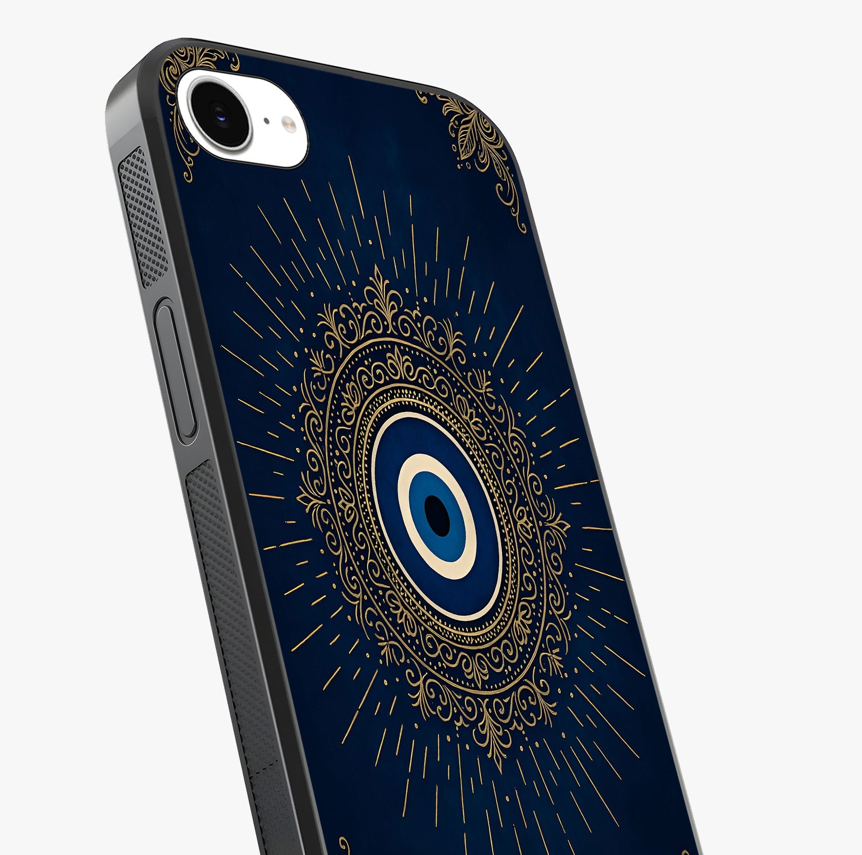 Golden Evil Eye Mandala Glass Case captured at a warm angle highlighting gloss, texture and premium glass finish.