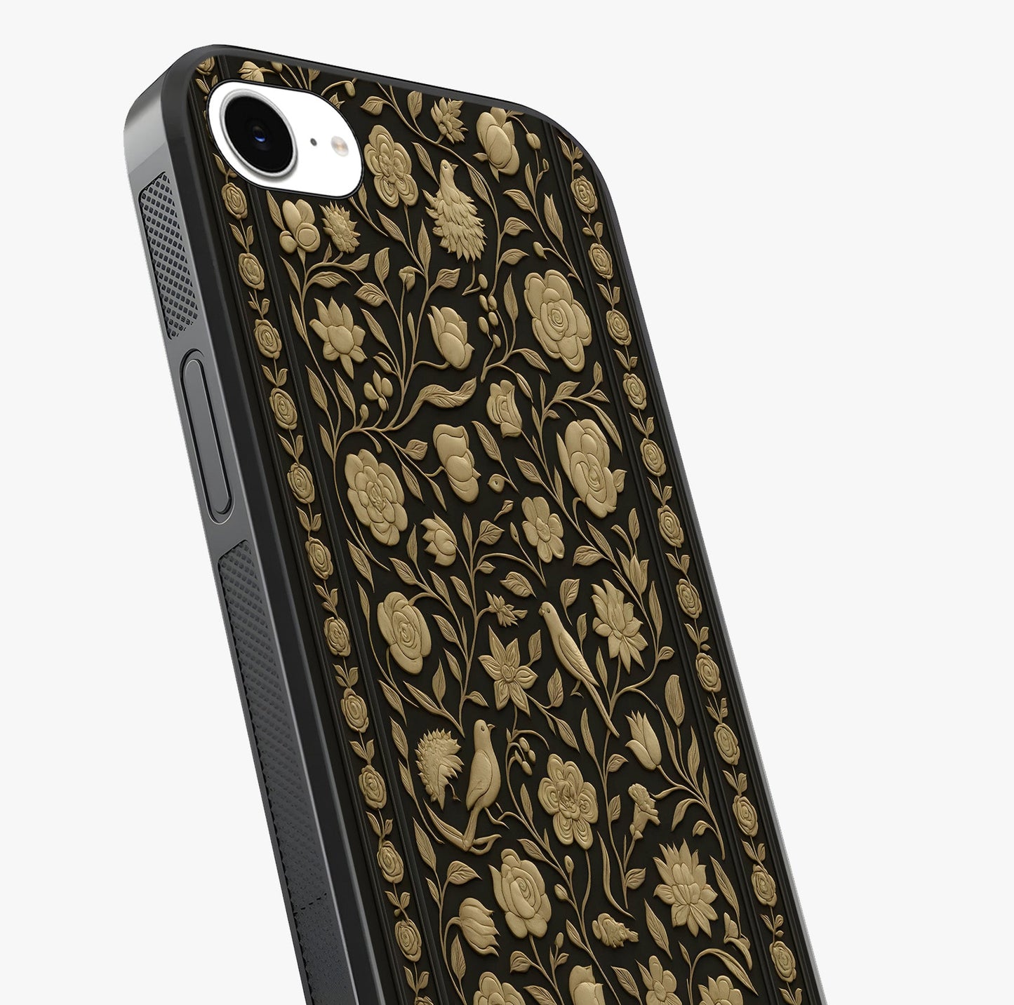 Golden Floral Majesty Glass Case captured at a warm angle highlighting gloss, texture and premium glass finish.