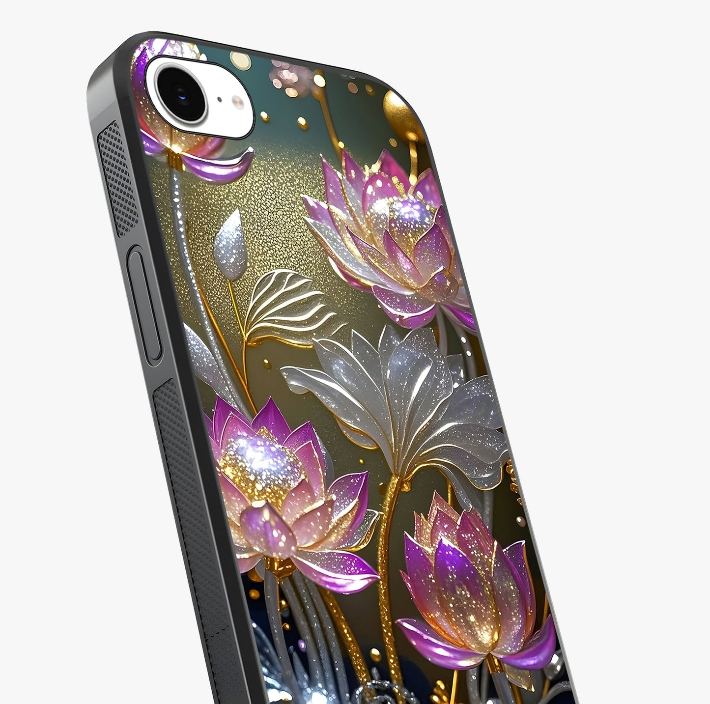 Golden Lotus Glow Glass Case captured at a warm angle highlighting gloss, texture and premium glass finish.