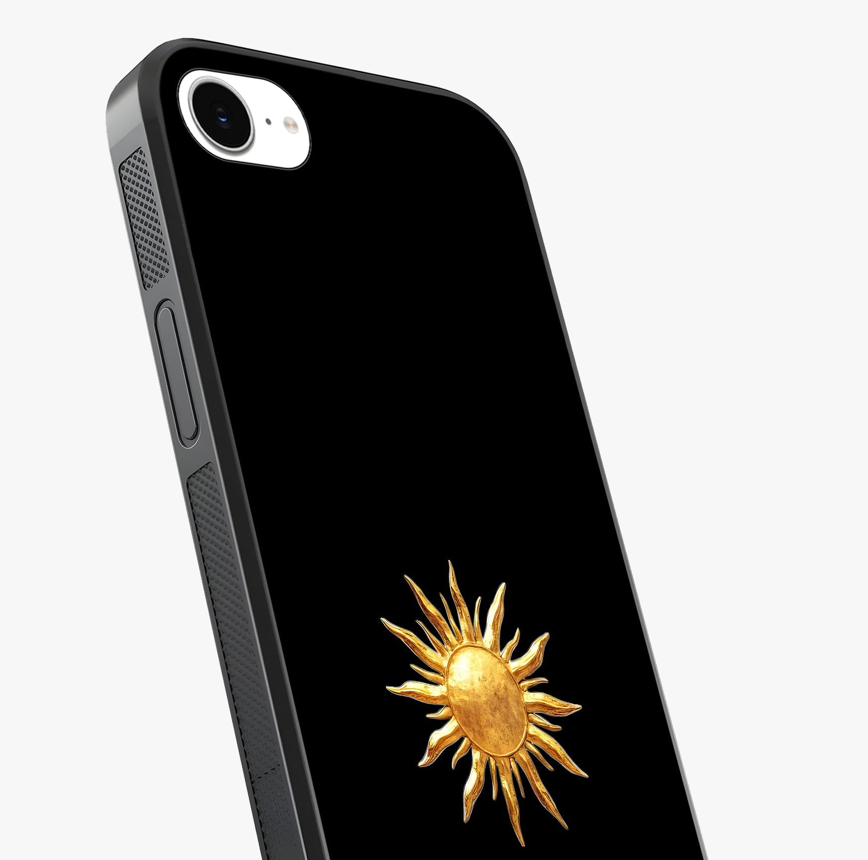 Golden Sun Minimalism Glass Case captured at a warm angle highlighting gloss, texture and premium glass finish.