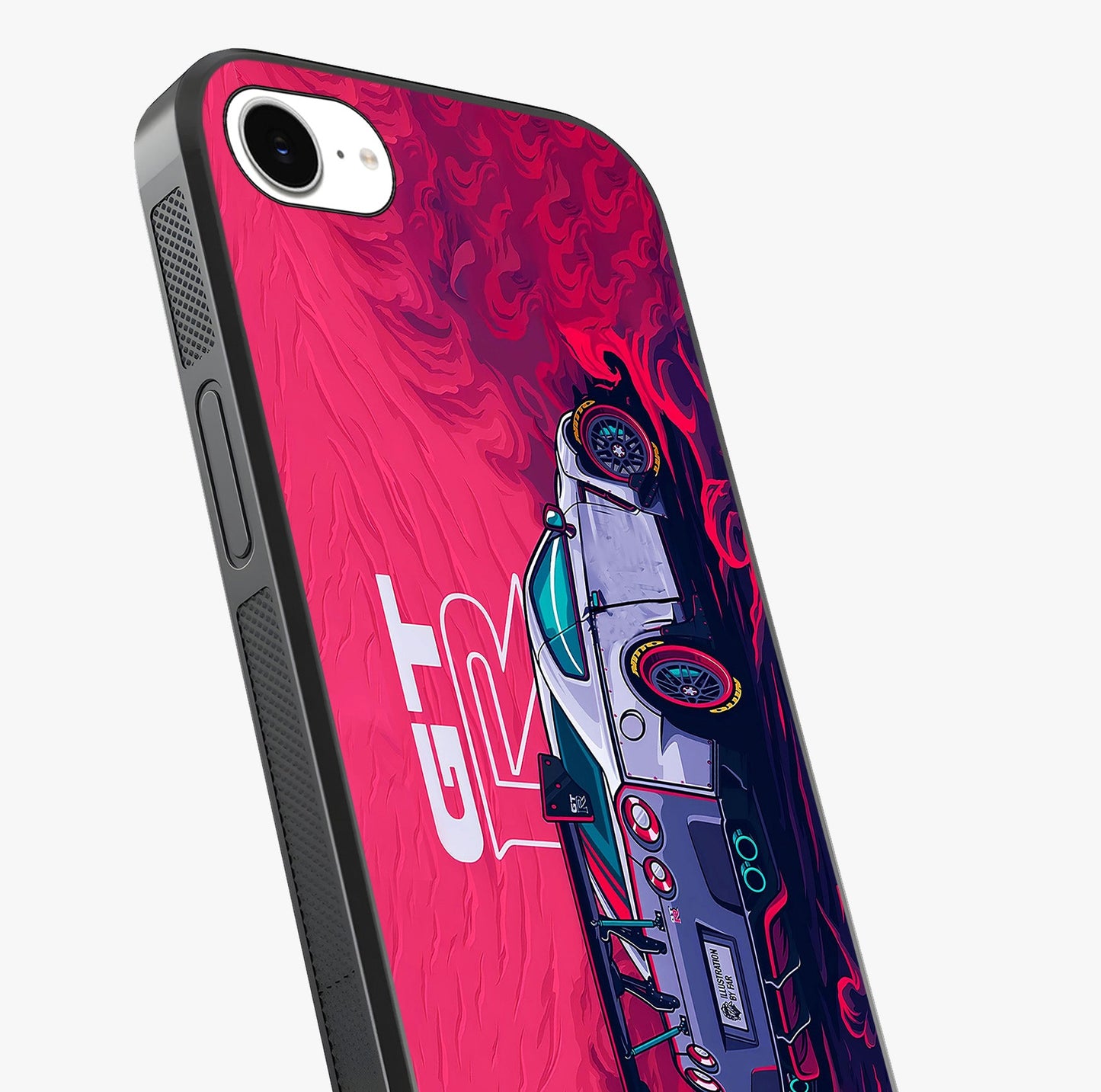 GT R Car Pattern Glass Case captured at a warm angle highlighting gloss, texture and premium glass finish.