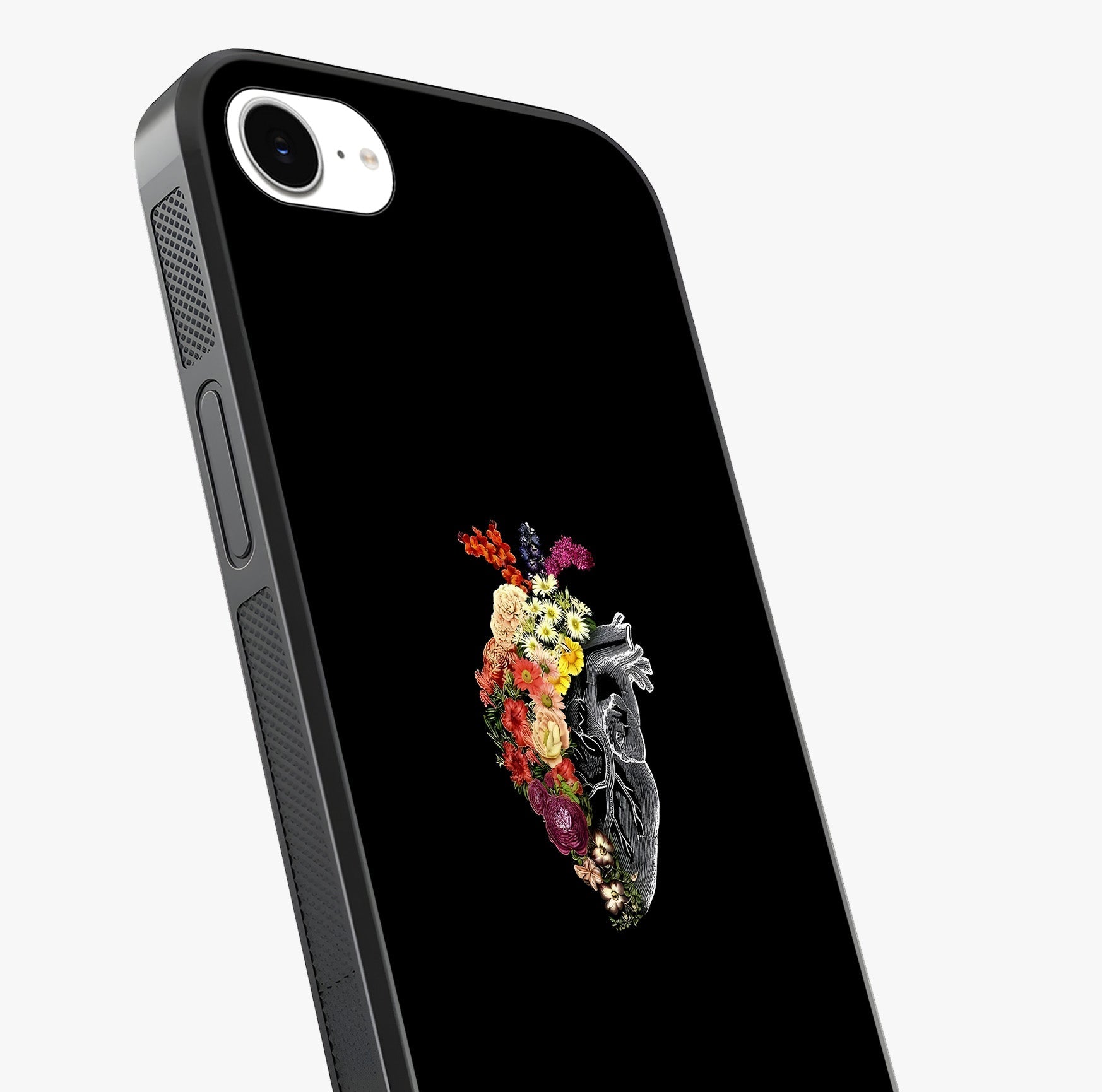Heart With Flowers Glass Case captured at a warm angle highlighting gloss, texture and premium glass finish.