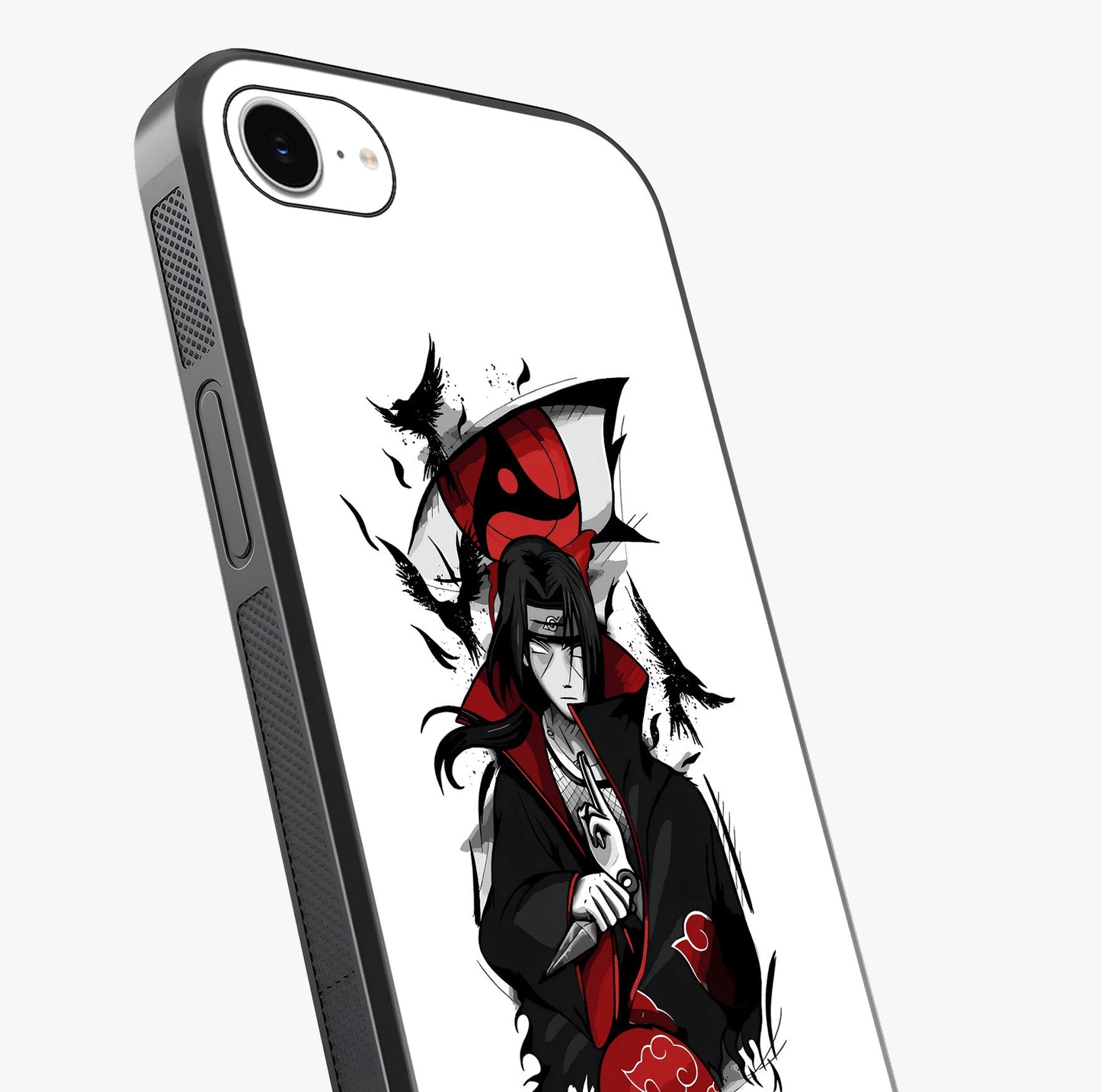 Itachi Sharingan Glass Case captured at a warm angle highlighting gloss, texture and premium glass finish.