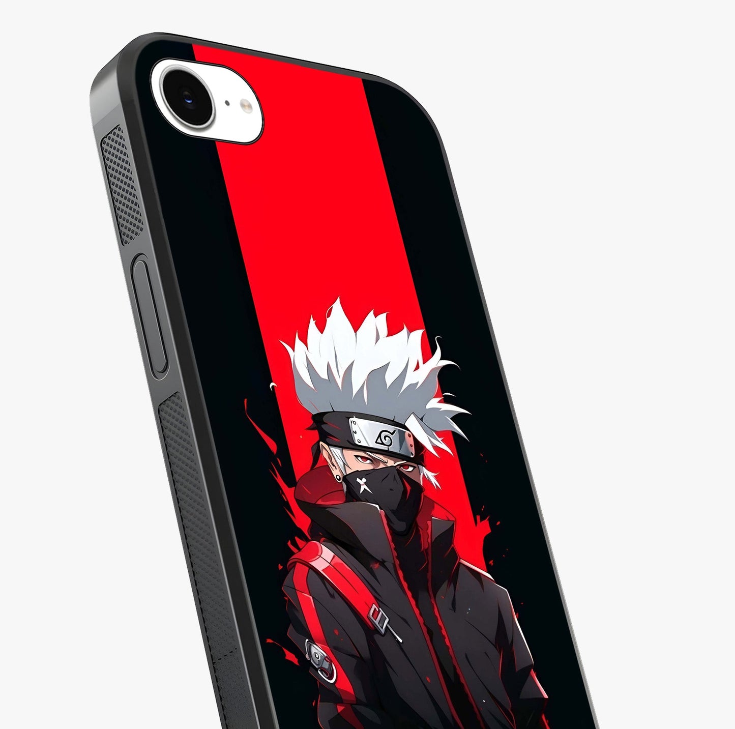 Kakashi Scarlet Shadow Glass Case captured at a warm angle highlighting gloss, texture and premium glass finish.