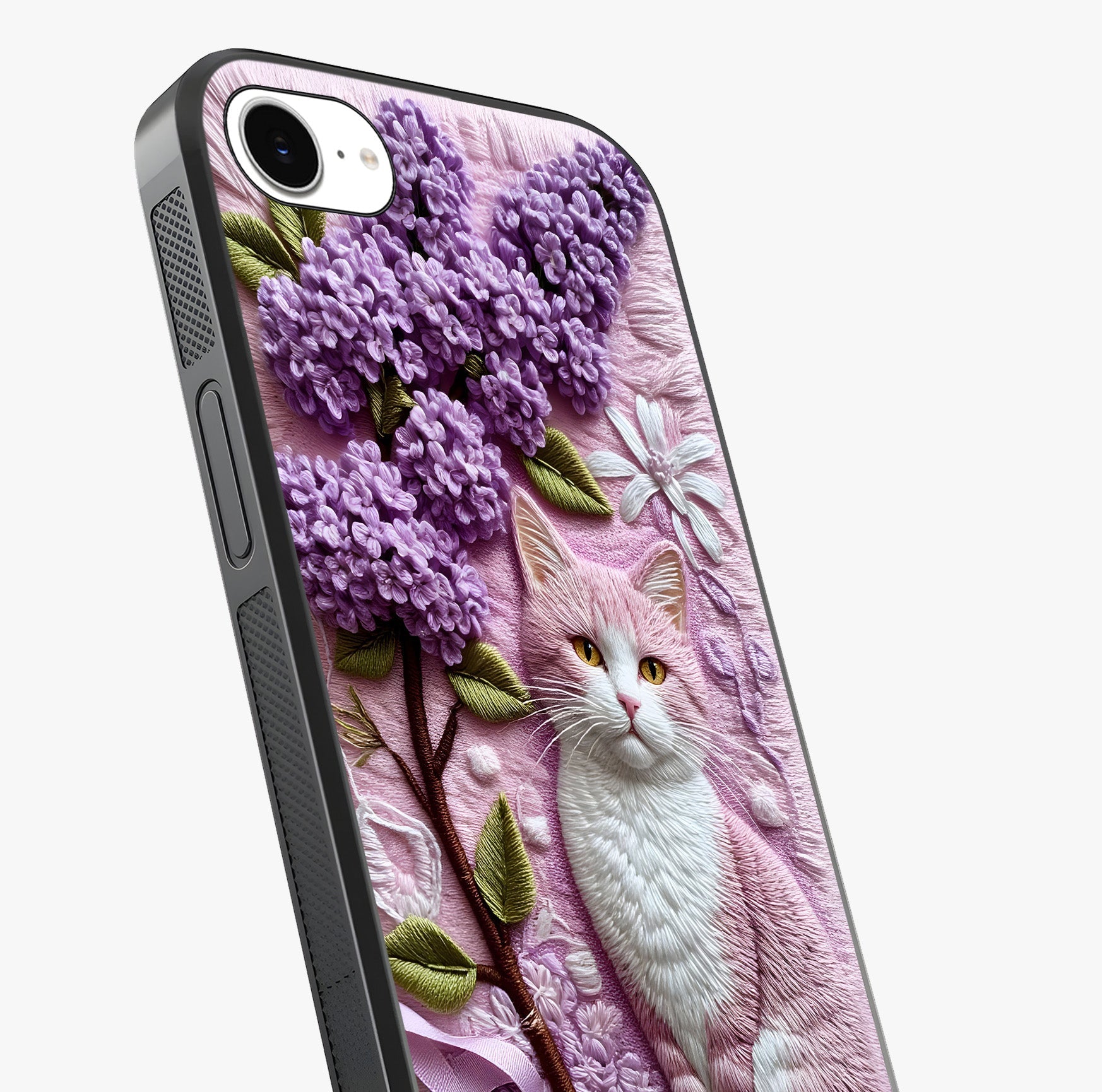 Lavender Cat Whimsy Glass Case captured at a warm angle highlighting gloss, texture and premium glass finish.