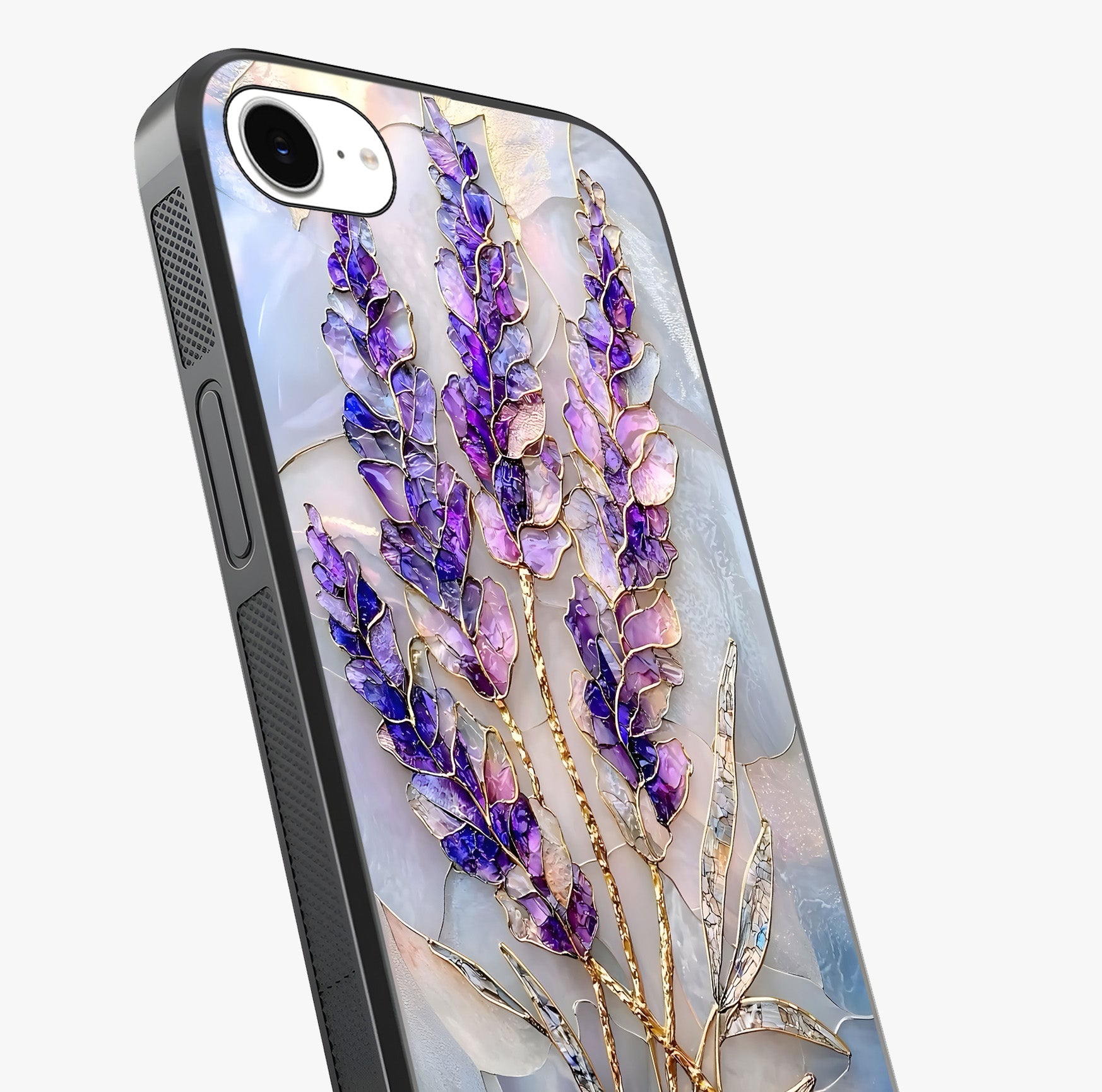 Lavender Dream Glow Glass Case captured at a warm angle highlighting gloss, texture and premium glass finish.