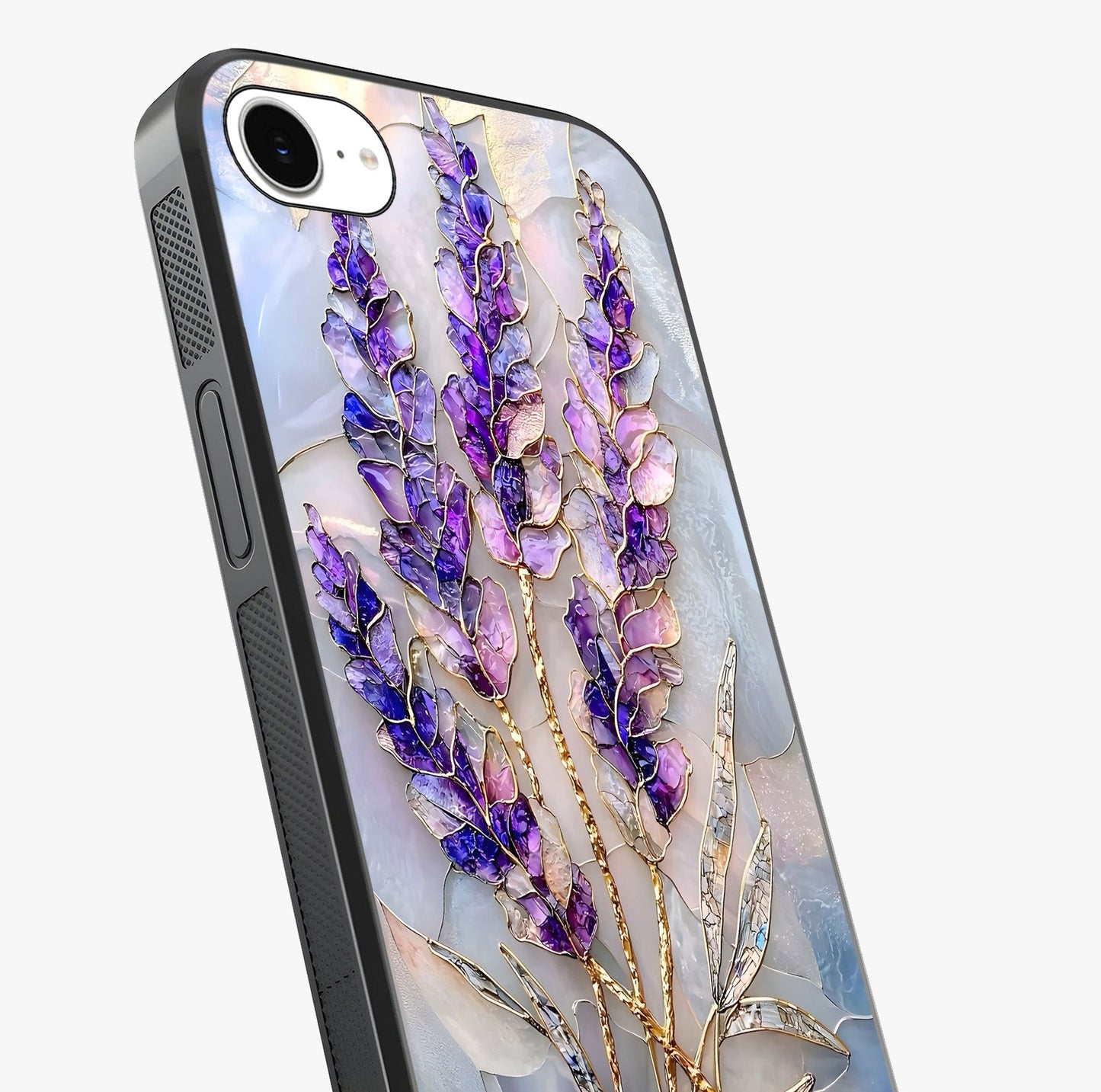 Lavender Dream Glow Glass Case captured at a warm angle highlighting gloss, texture and premium glass finish.
