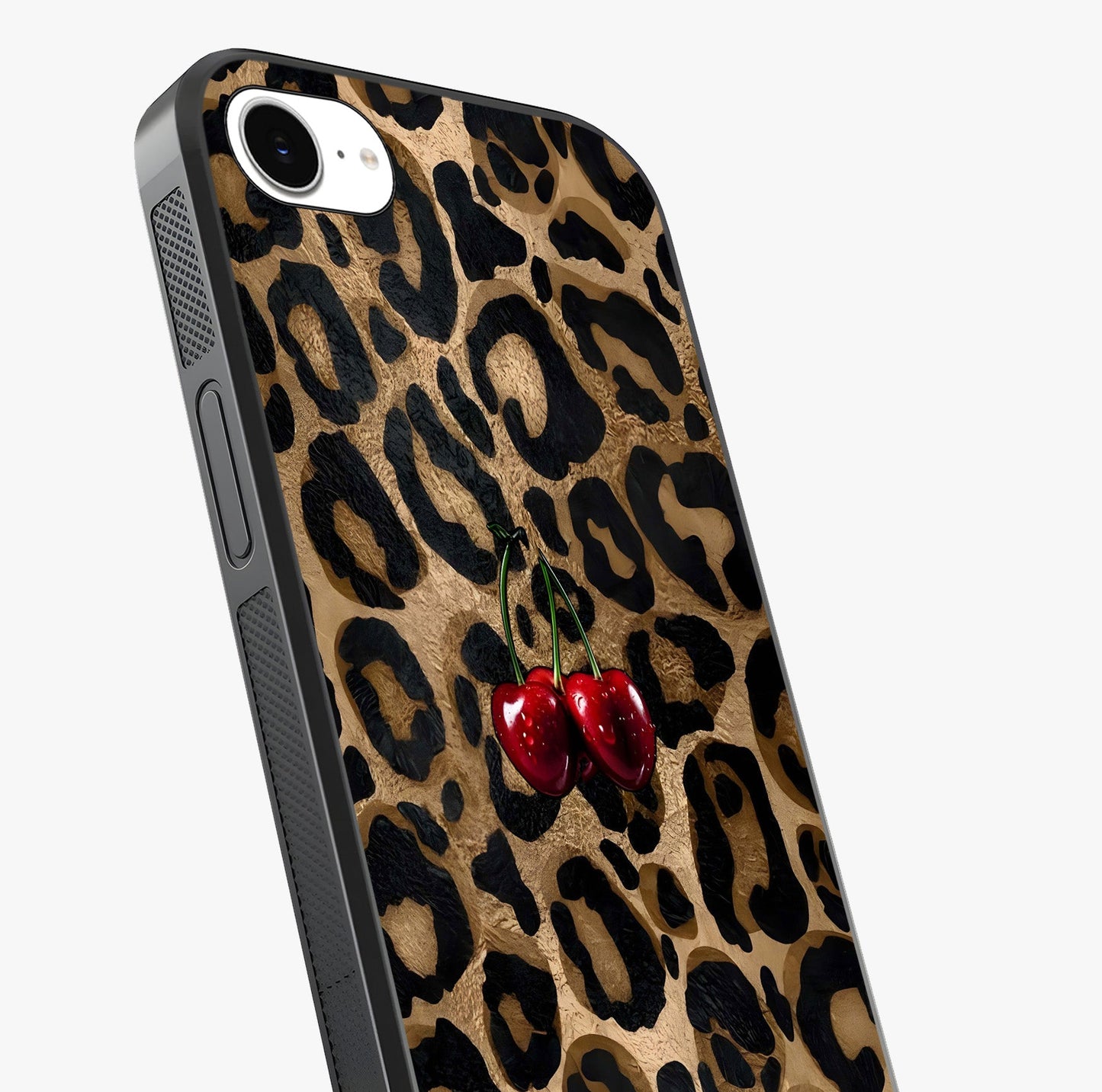 Leopard Wild Cherry Glass Case captured at a warm angle highlighting gloss, texture and premium glass finish.