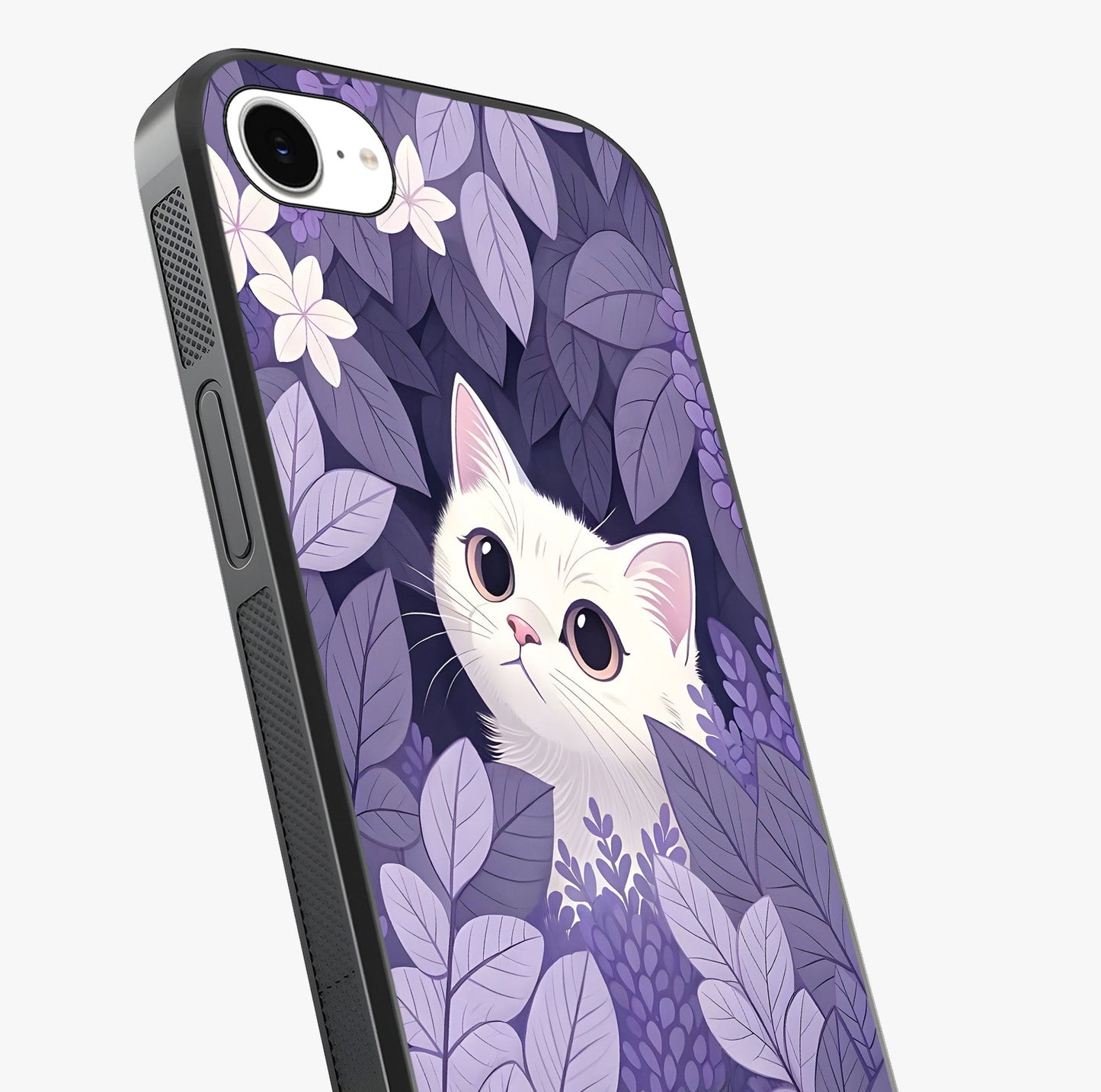 Lilac Hide Peek Cat Glass Case captured at a warm angle highlighting gloss, texture and premium glass finish.