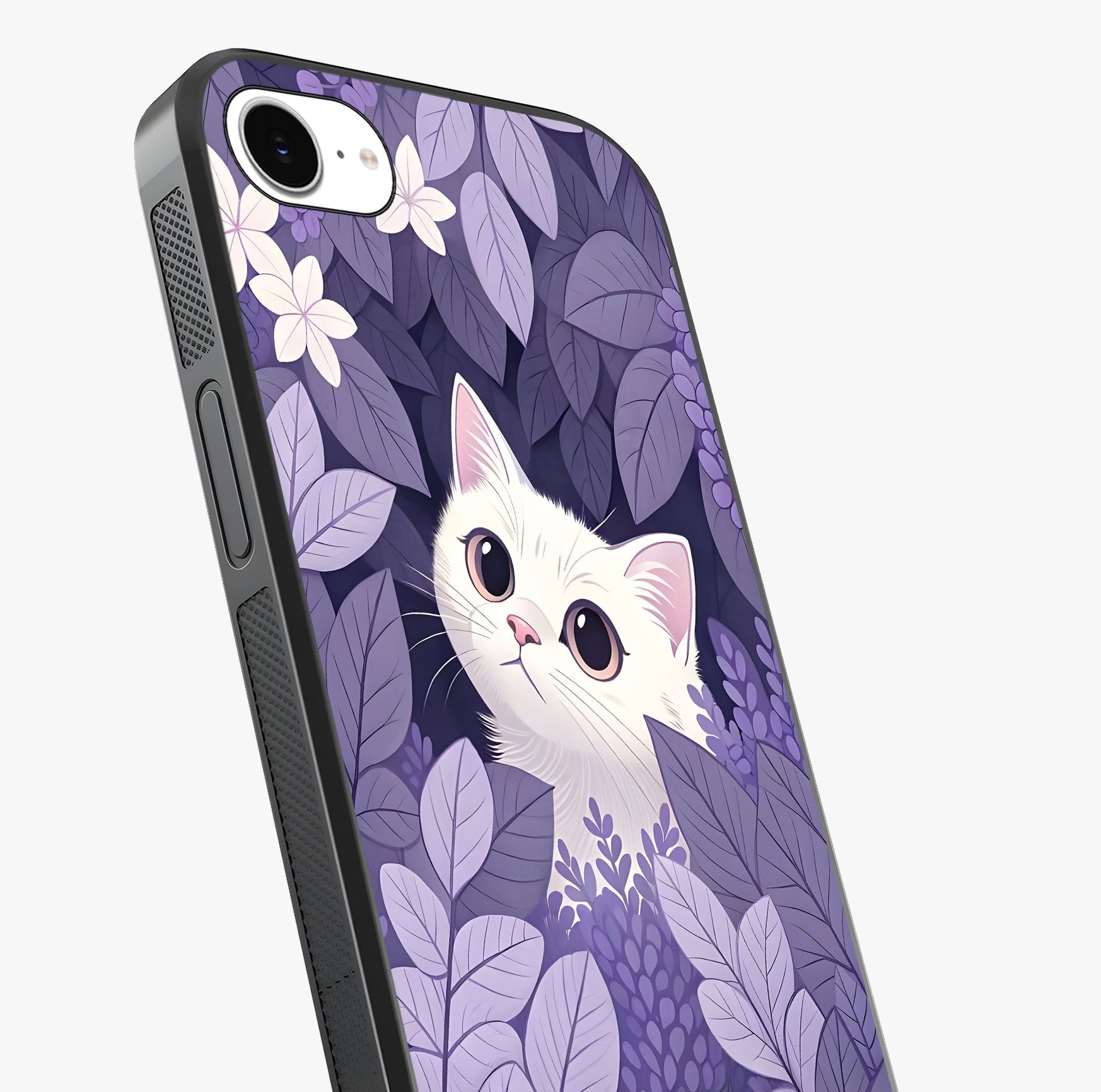 Lilac Hide Peek Cat Glass Case captured at a warm angle highlighting gloss, texture and premium glass finish.
