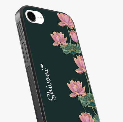 Lotus Bloom Serenity Custom Name Glass Case captured at a warm angle highlighting gloss, texture and premium glass finish.