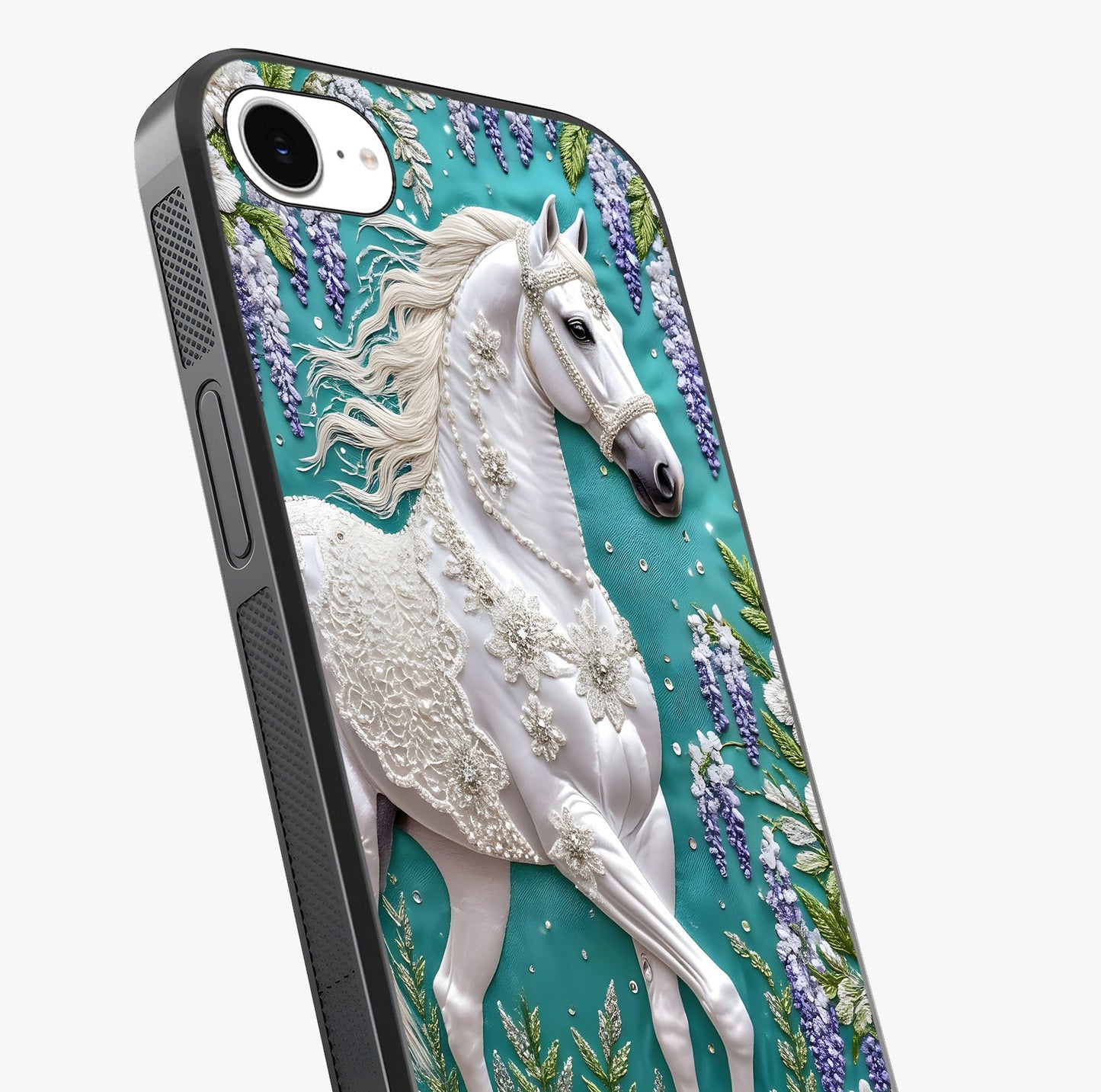 Majestic Floral Stallion Glass Case captured at a warm angle highlighting gloss, texture and premium glass finish.