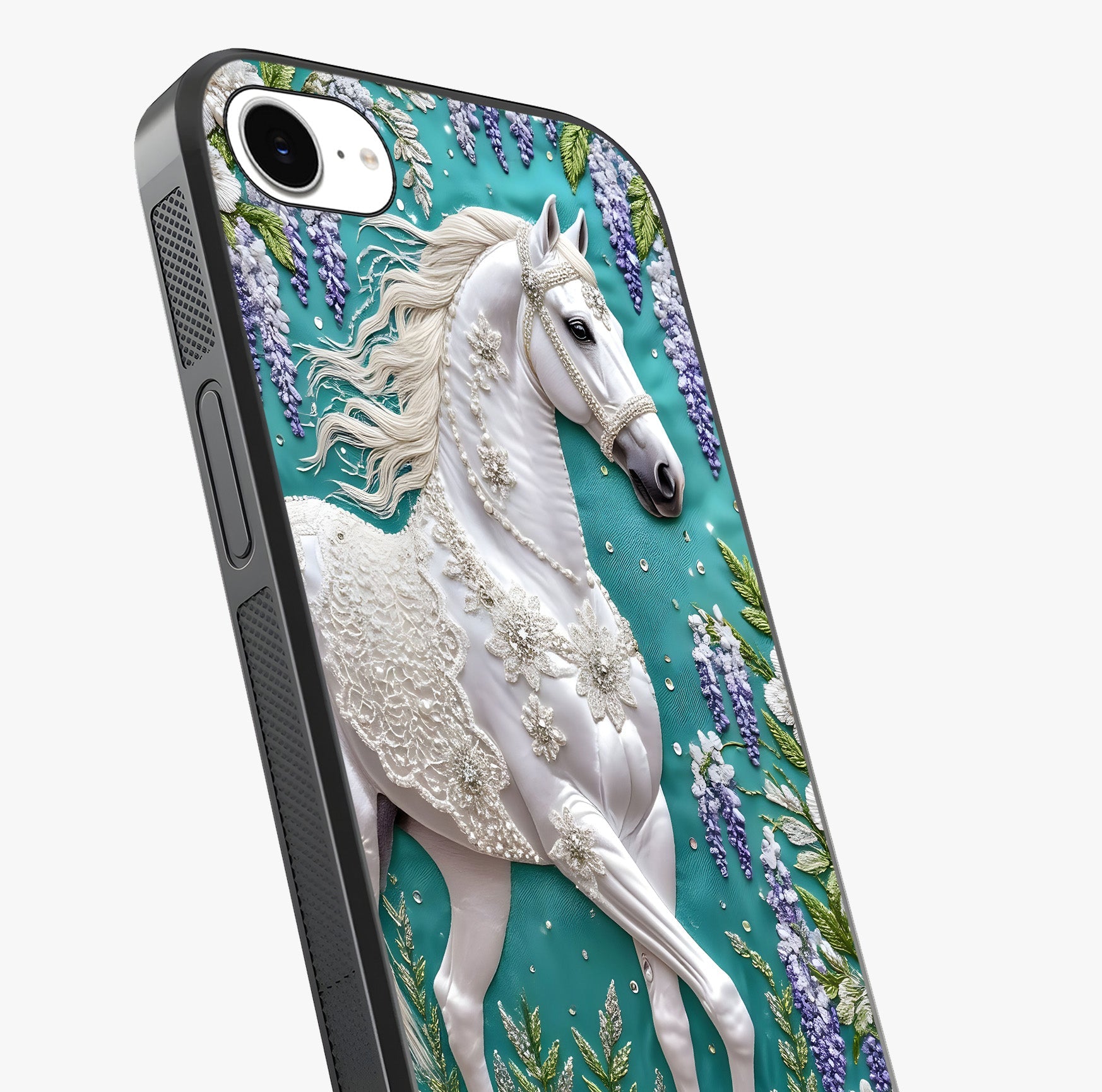 Majestic Floral Stallion Glass Case captured at a warm angle highlighting gloss, texture and premium glass finish.