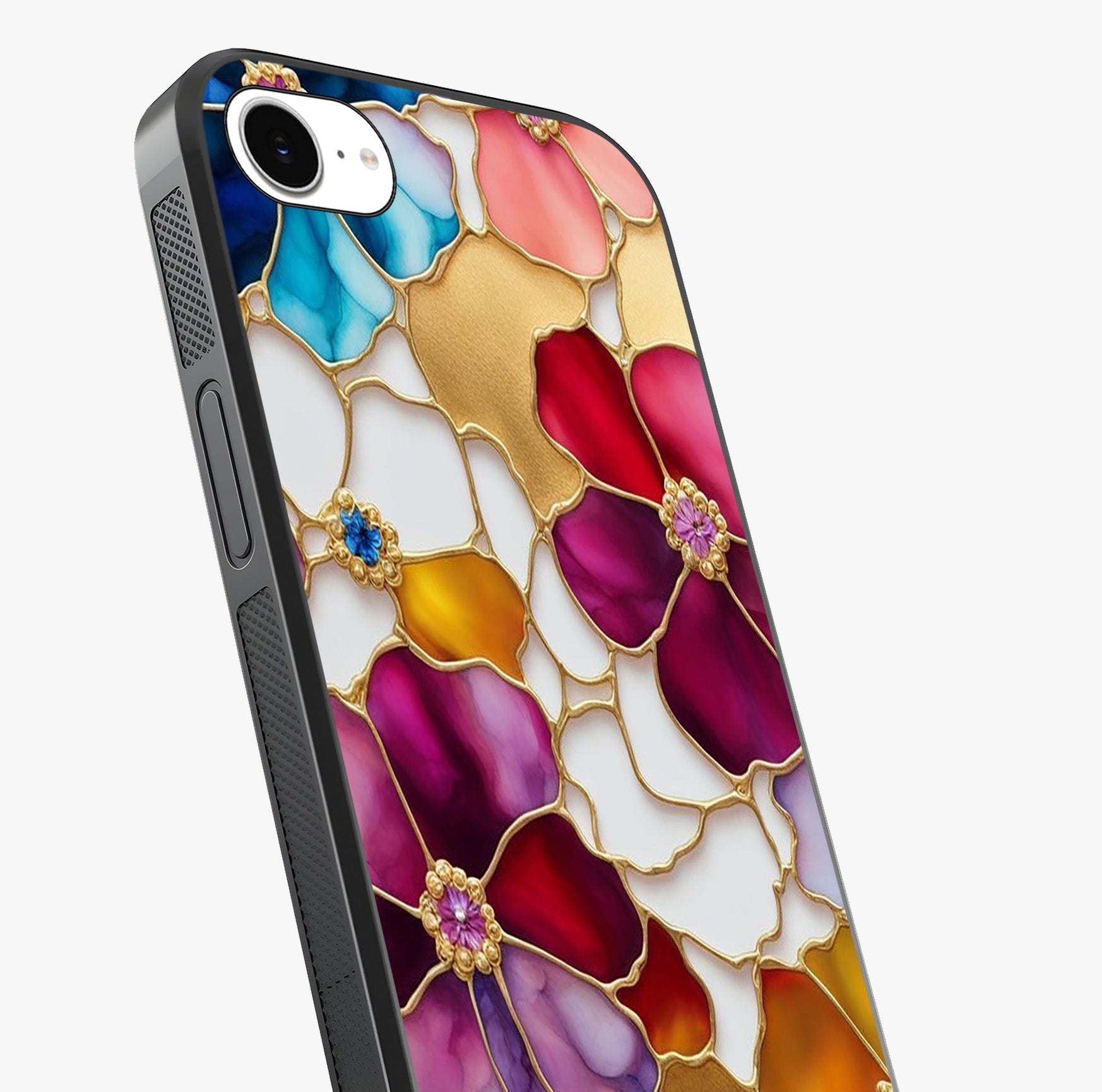 Marble Flower Pattern Glass Case captured at a warm angle highlighting gloss, texture and premium glass finish.