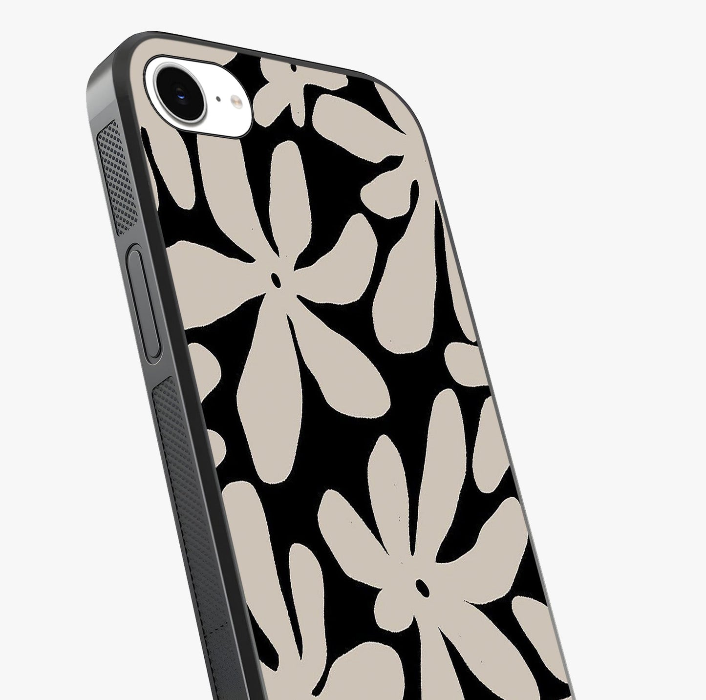 Monochrome Petal Dance Glass Case captured at a warm angle highlighting gloss, texture and premium glass finish.