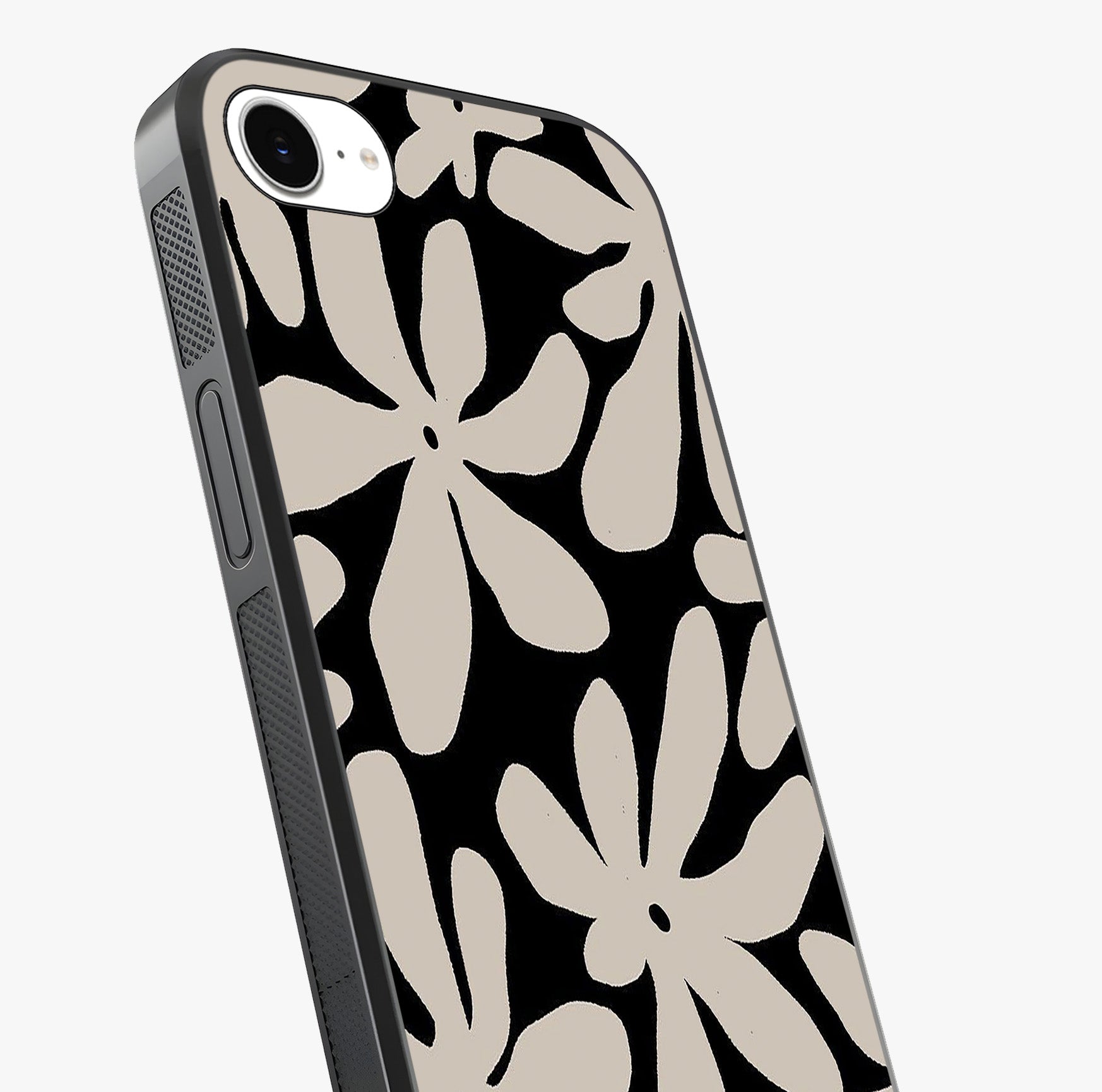 Monochrome Petal Dance Glass Case captured at a warm angle highlighting gloss, texture and premium glass finish.