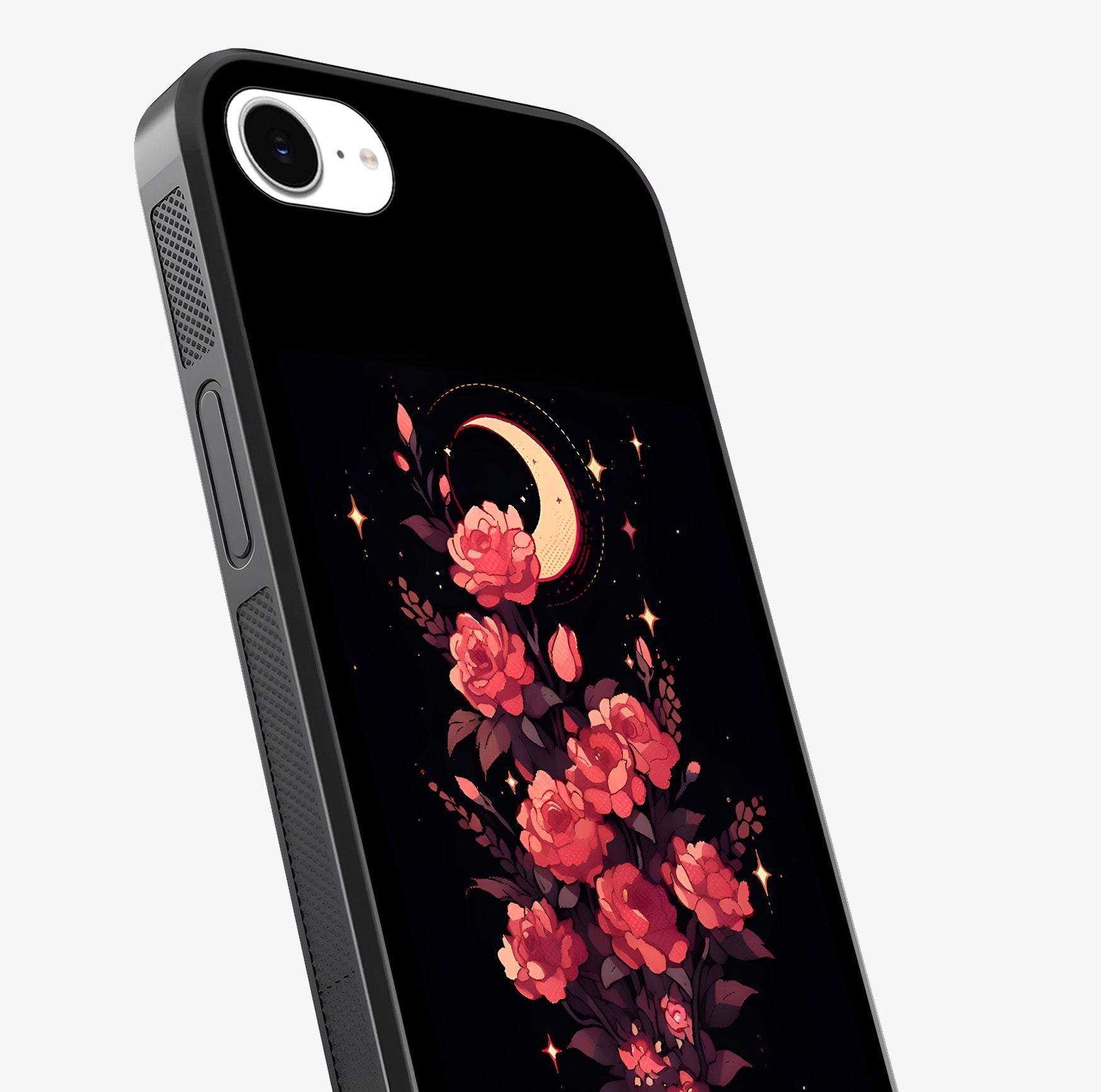 Moonlit Floral Elegance Glass Case captured at a warm angle highlighting gloss, texture and premium glass finish.