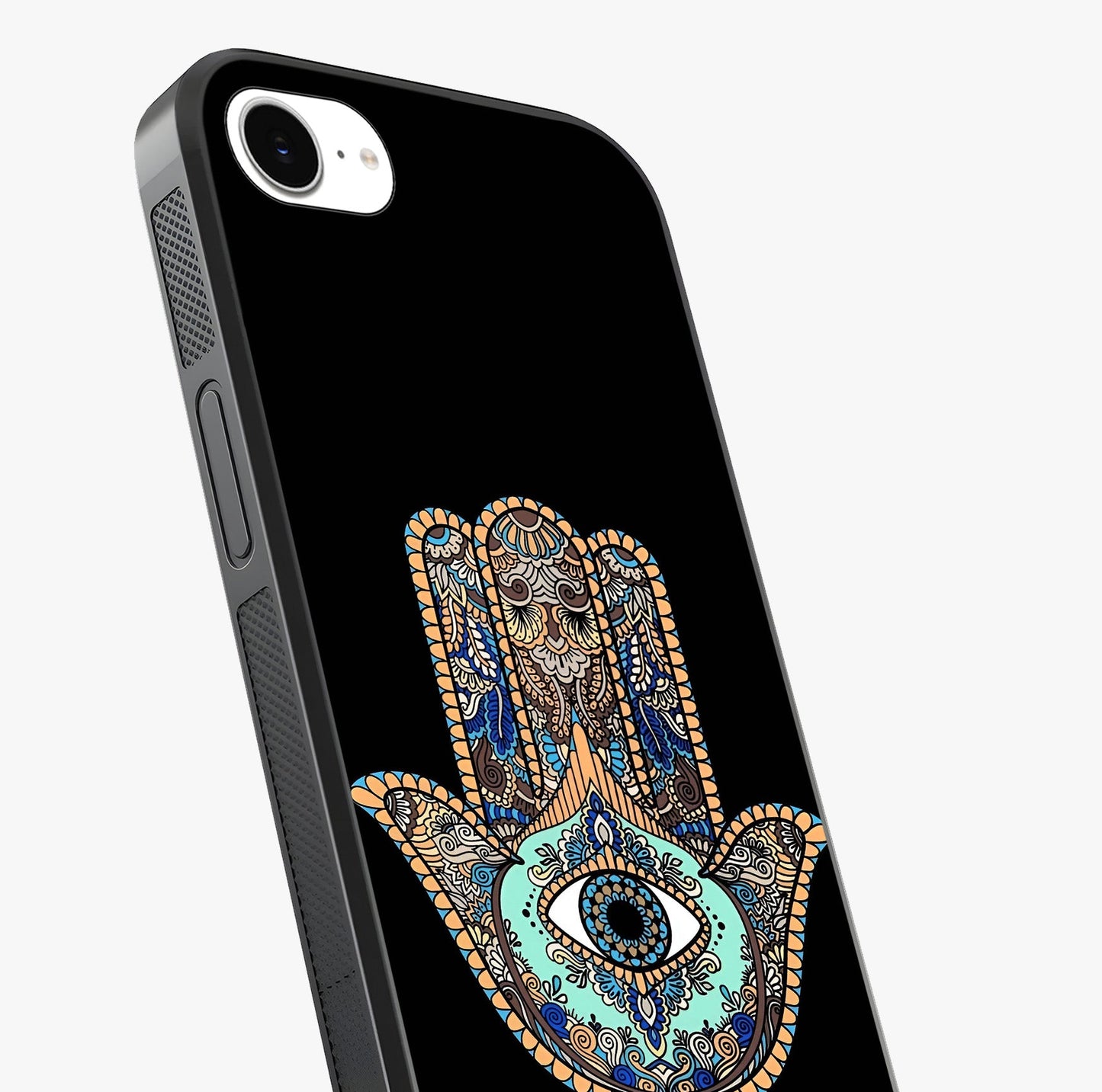 Mystic Hamsa Eye Glass Case captured at a warm angle highlighting gloss, texture and premium glass finish.