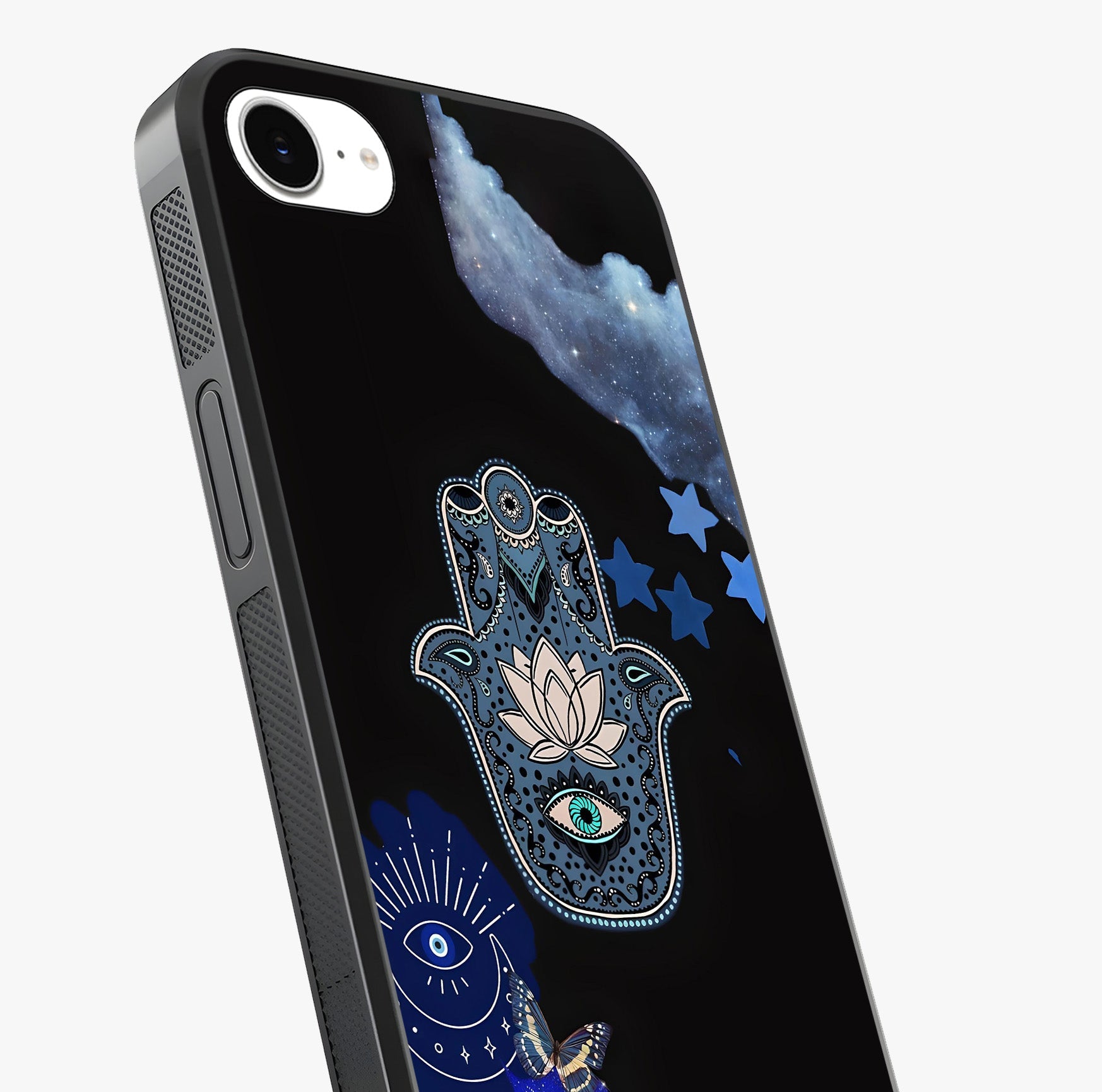 Mystic Hand Aura Glass Case captured at a warm angle highlighting gloss, texture and premium glass finish.
