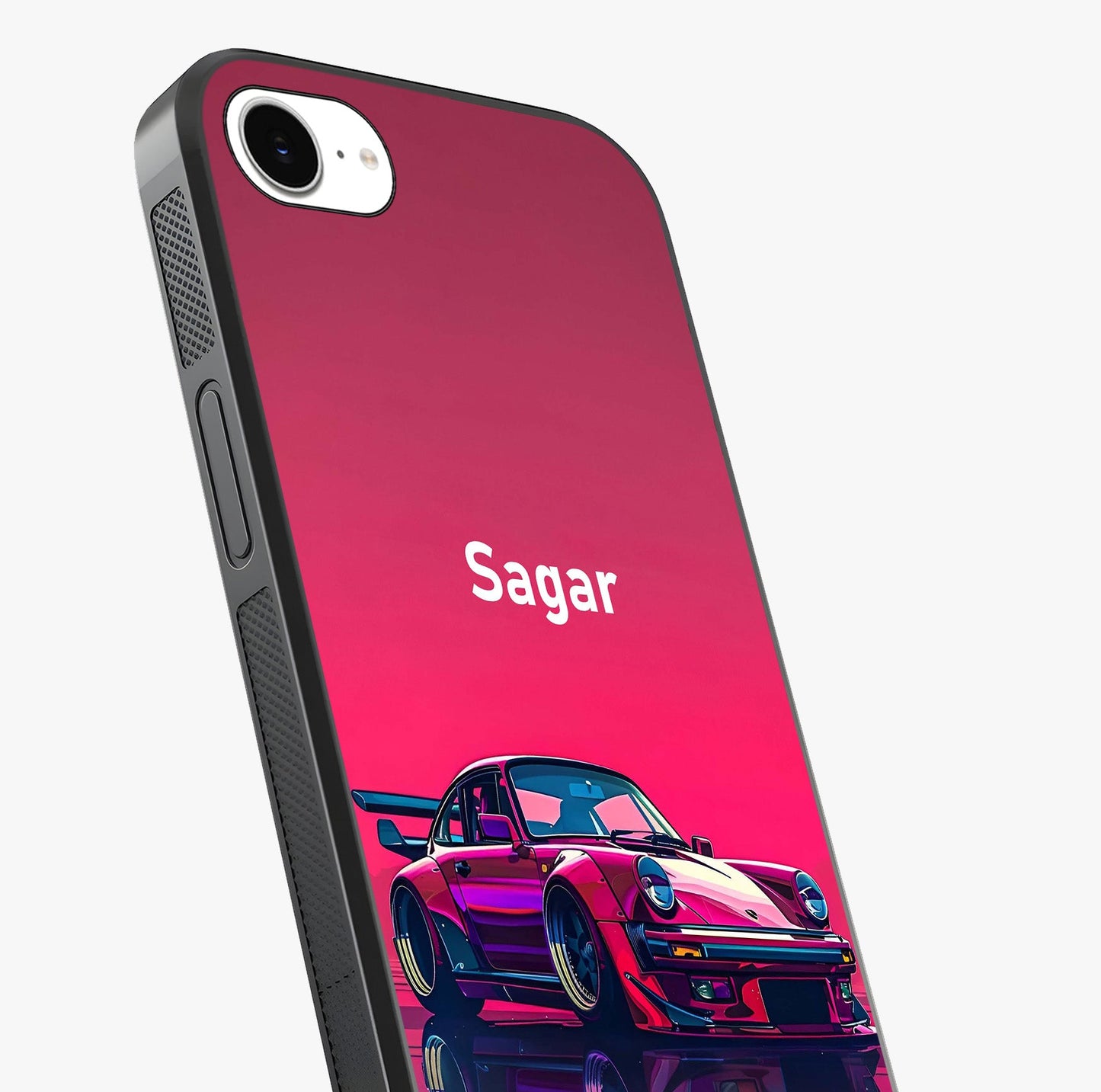 Neon Pink Porsche Glass Case captured at a warm angle highlighting gloss, texture and premium glass finish.