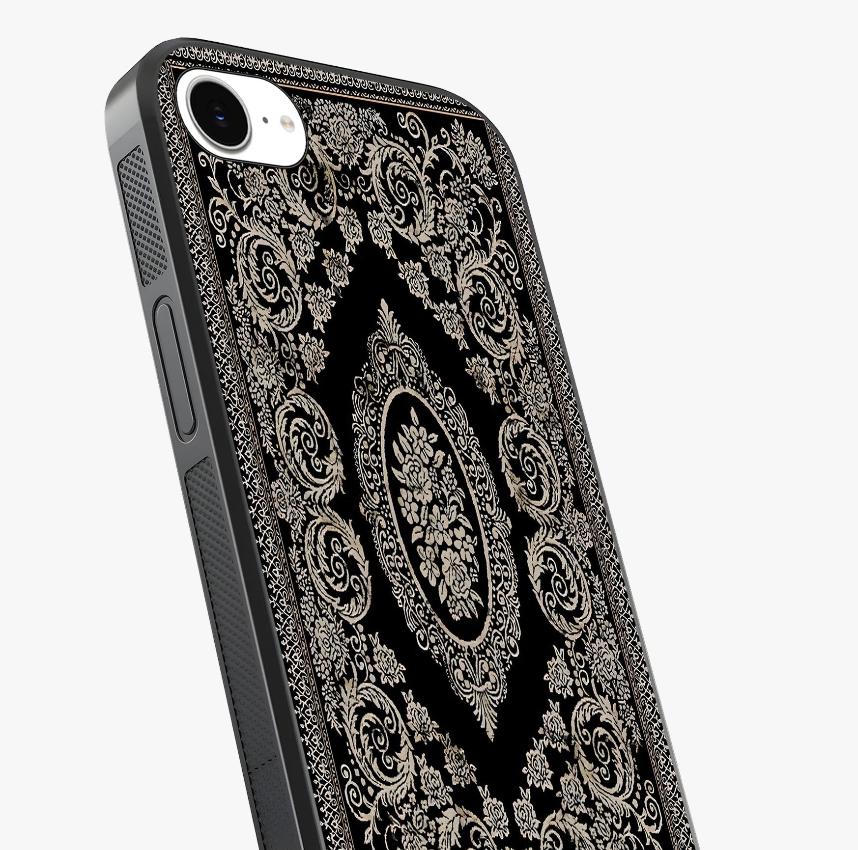 Noir Bloom Elegance Glass Case captured at a warm angle highlighting gloss, texture and premium glass finish.