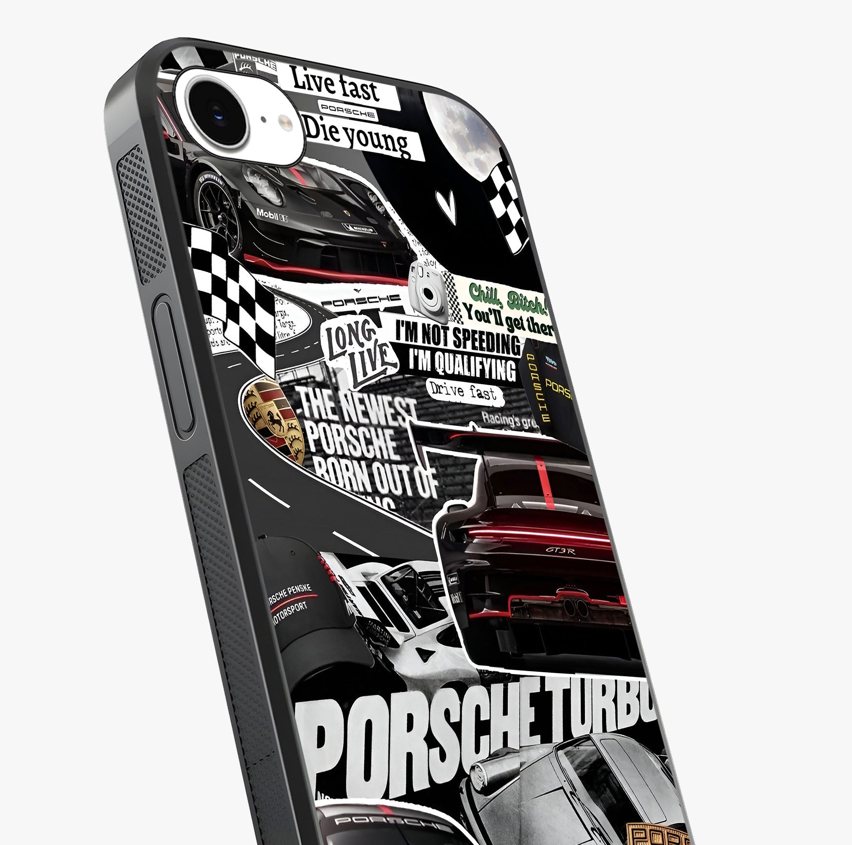 Porsche Racing Collage Glass Case captured at a warm angle highlighting gloss, texture and premium glass finish.