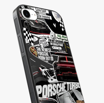 Porsche Racing Collage Glass Case captured at a warm angle highlighting gloss, texture and premium glass finish.