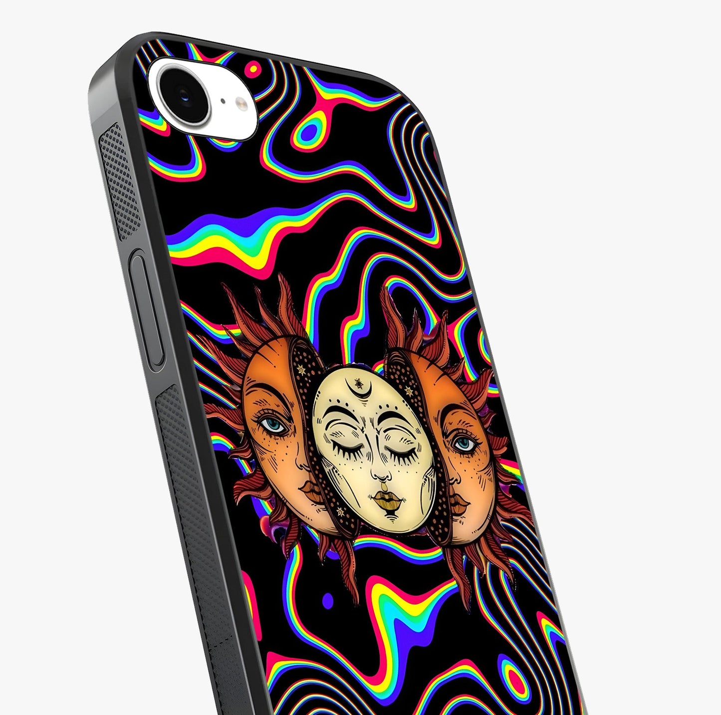 Psychedelic Sun Glass Case captured at a warm angle highlighting gloss, texture and premium glass finish.