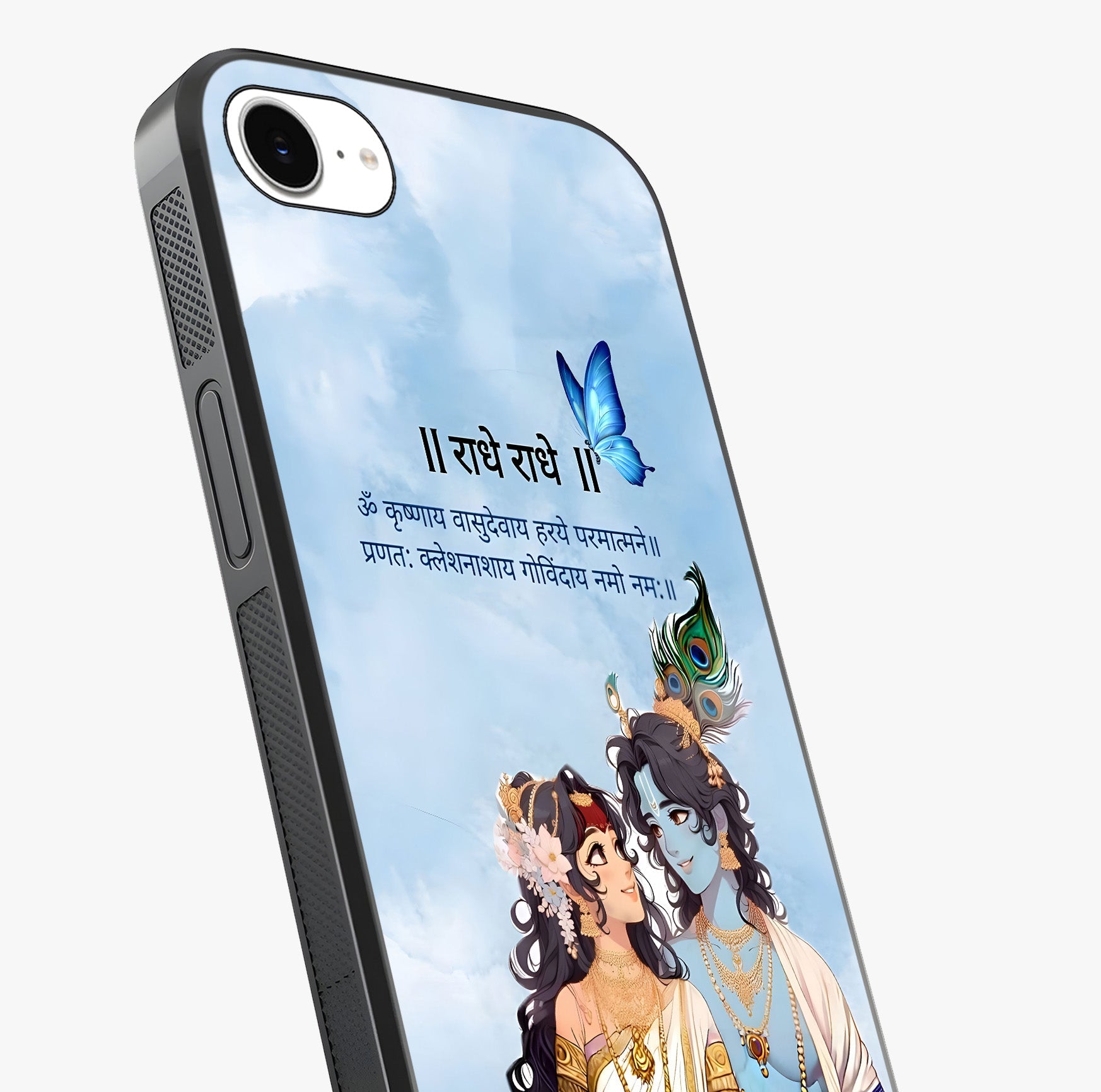 Radha Krishna Eternal Glass Case captured at a warm angle highlighting gloss, texture and premium glass finish.