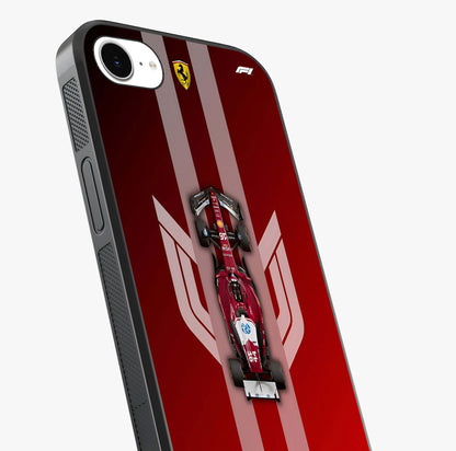 Red Ferrari F1 Vertical Glass Case captured at a warm angle highlighting gloss, texture and premium glass finish.