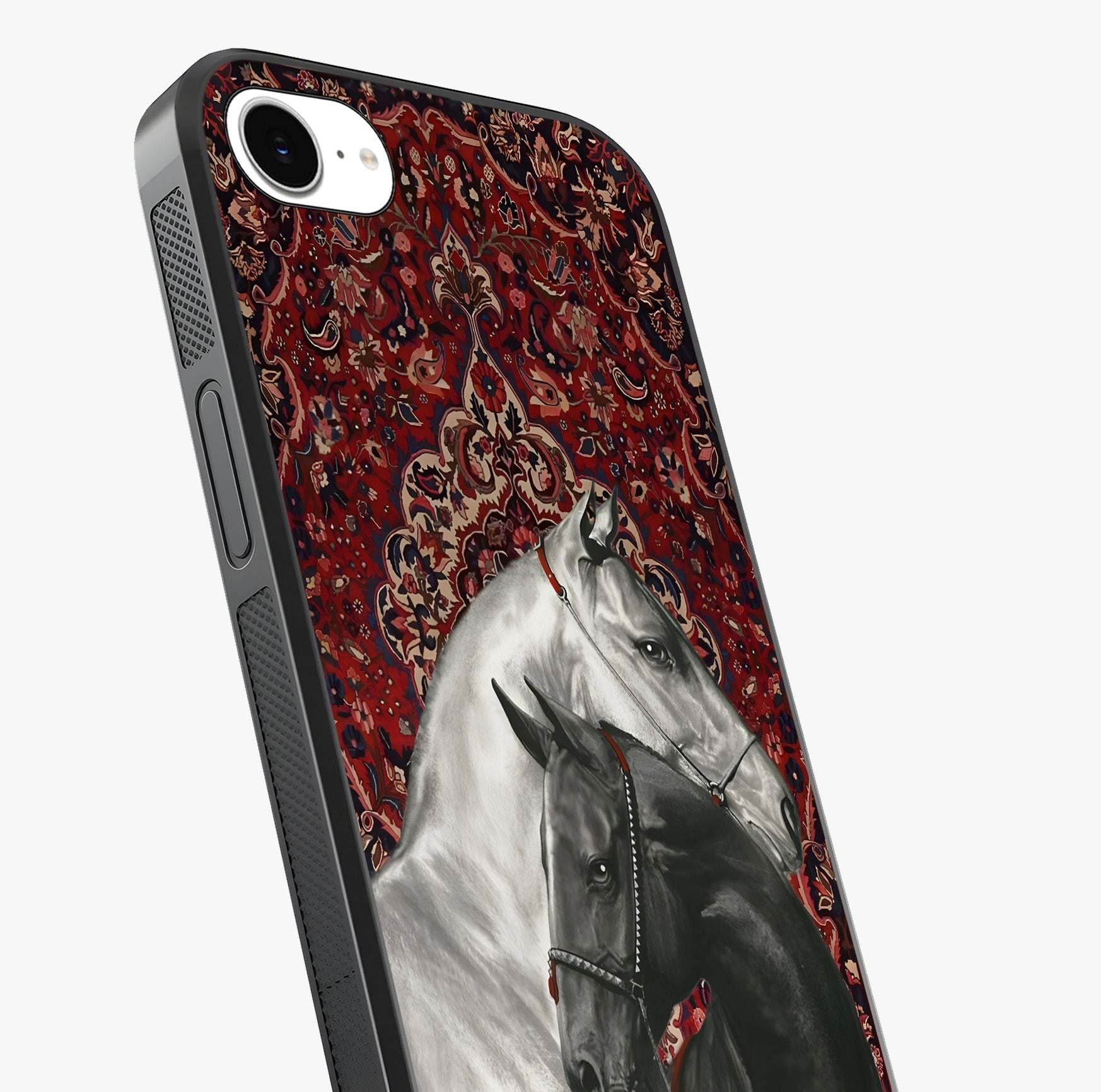 Regal Stallion Tapestry Glass Case captured at a warm angle highlighting gloss, texture and premium glass finish.