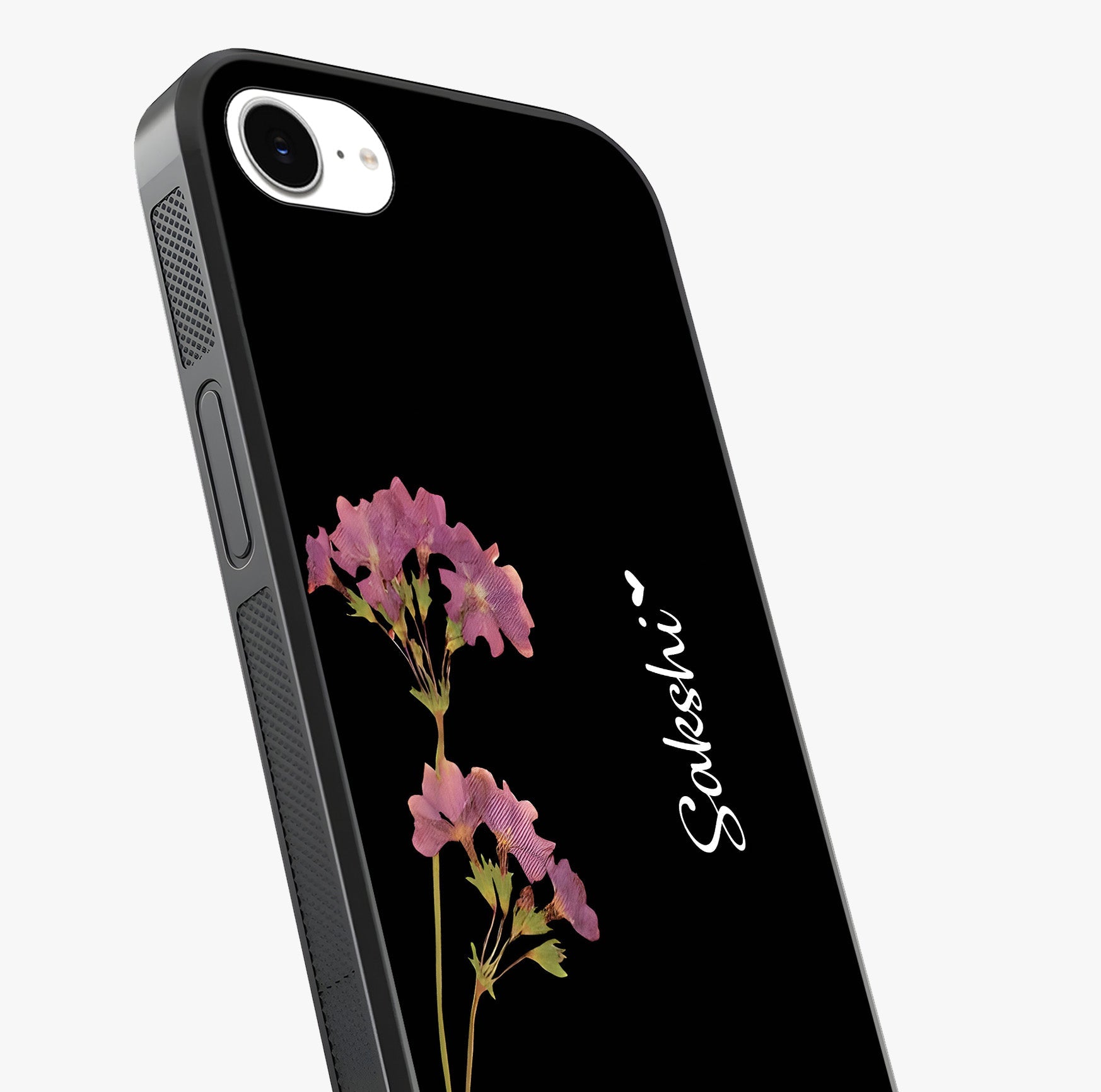 Riching Lavender Flower Custom Name Glass Case captured at a warm angle highlighting gloss, texture and premium glass finish.
