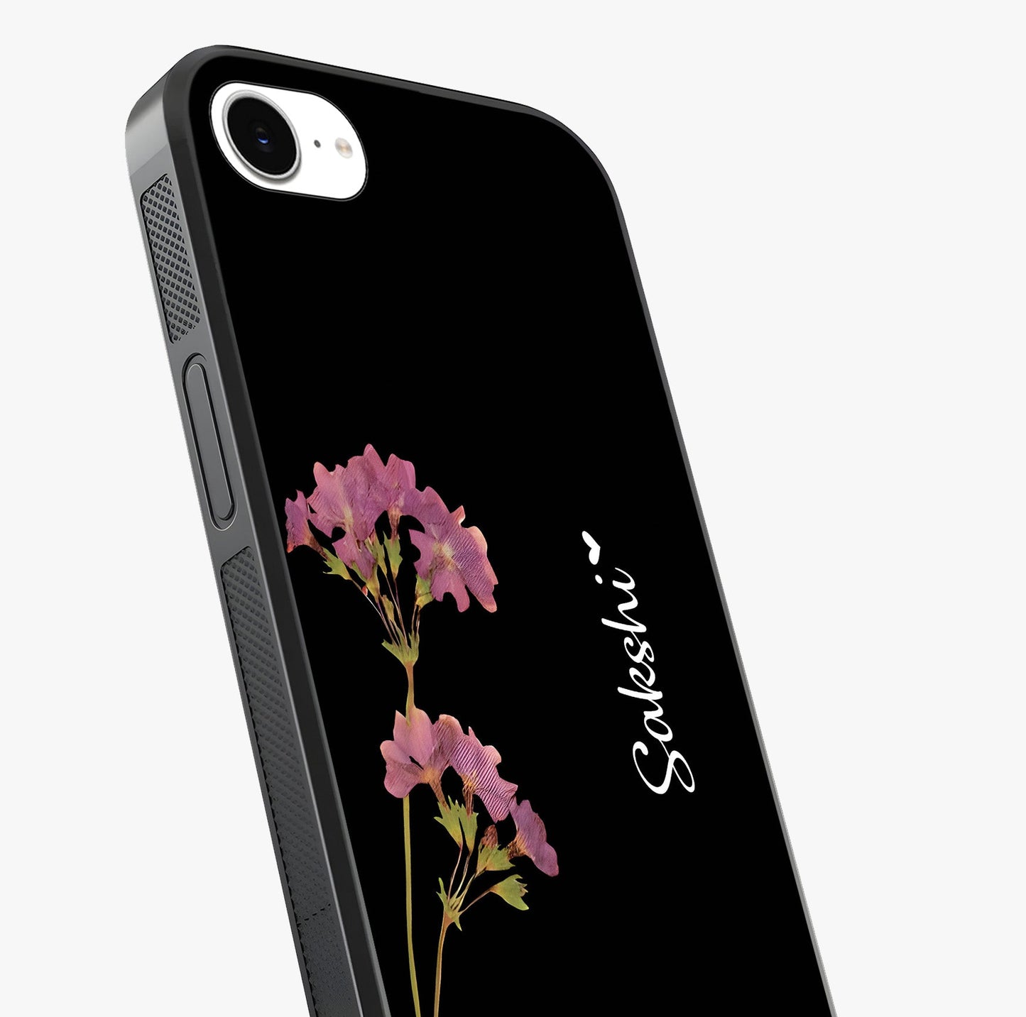 Riching Lavender Flower Custom Name Glass Case captured at a warm angle highlighting gloss, texture and premium glass finish.