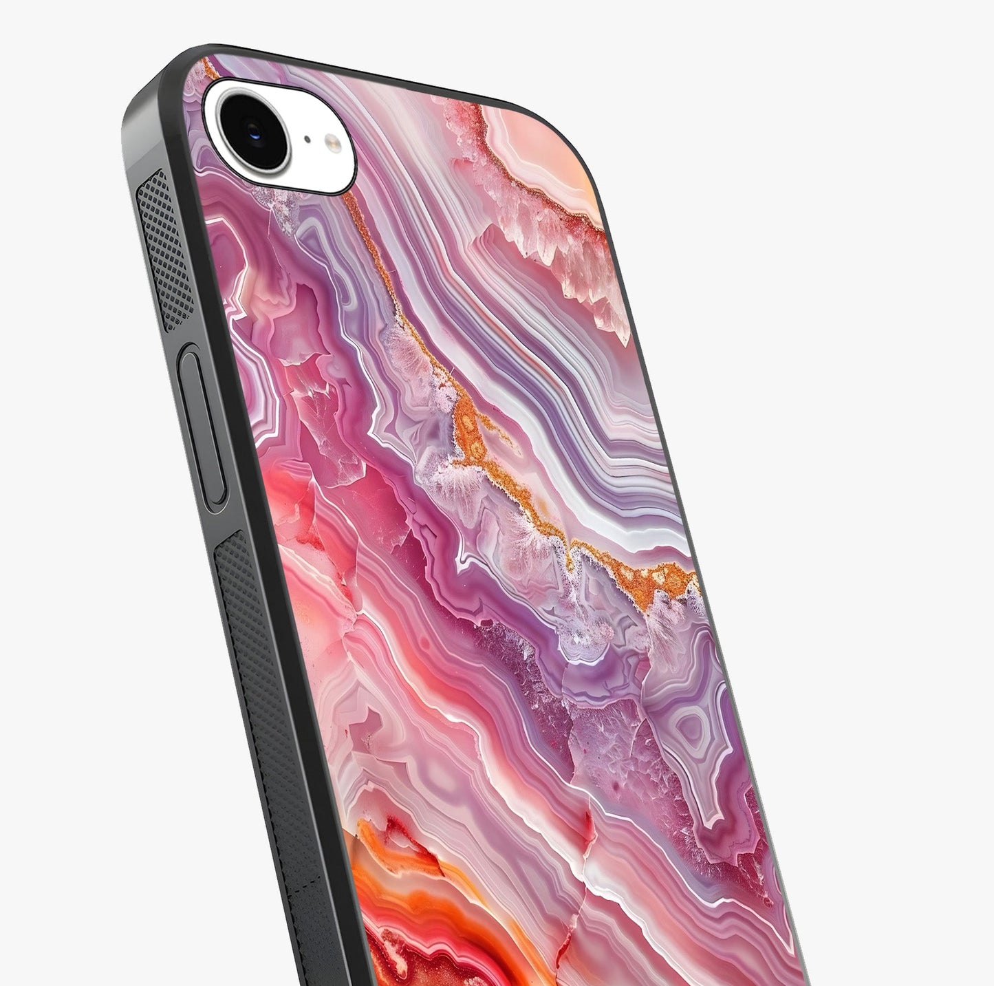 Rose Quartz Marble Glass Case captured at a warm angle highlighting gloss, texture and premium glass finish.