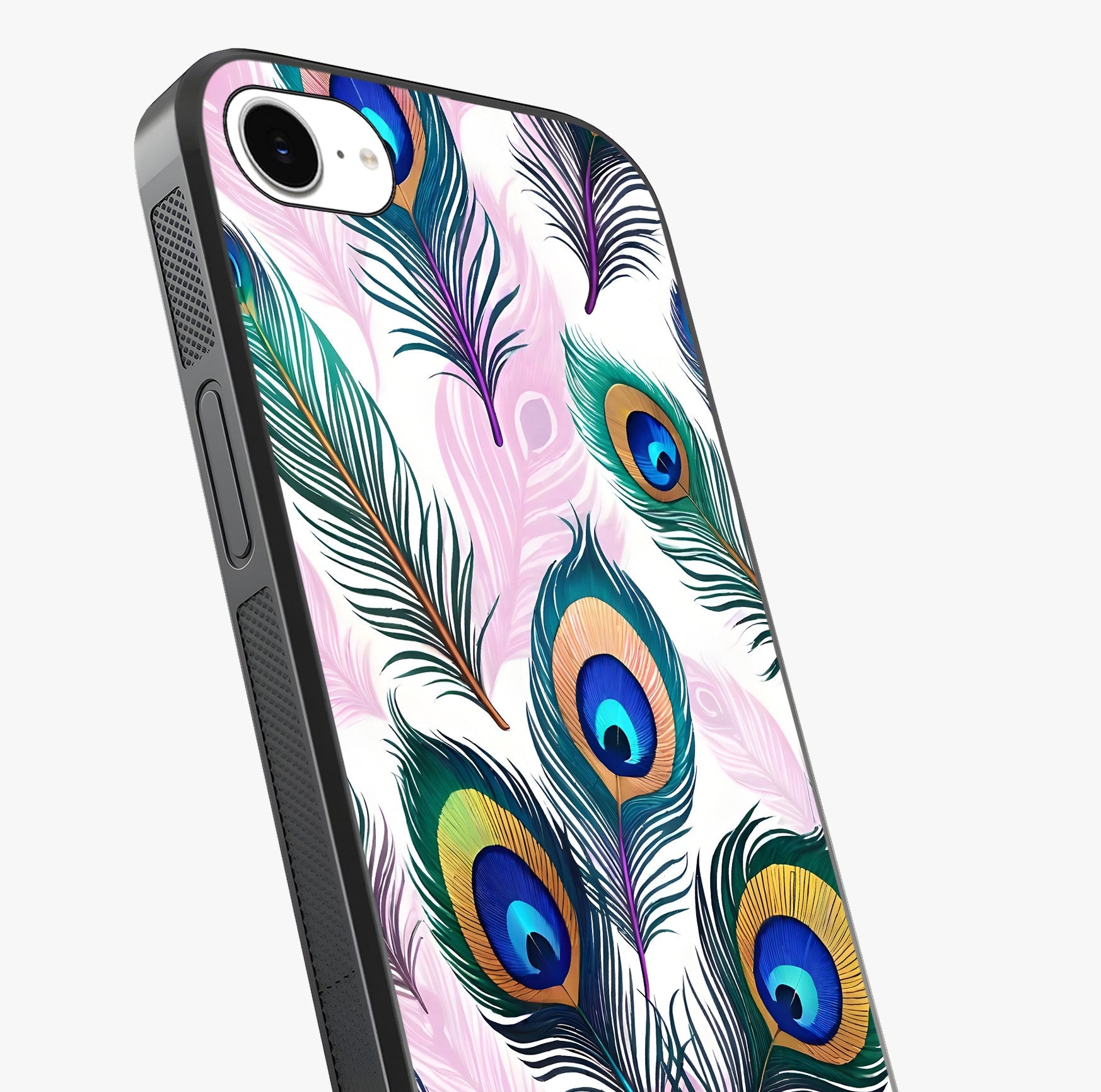 Royal Peacock Feathers Glass Case captured at a warm angle highlighting gloss, texture and premium glass finish.