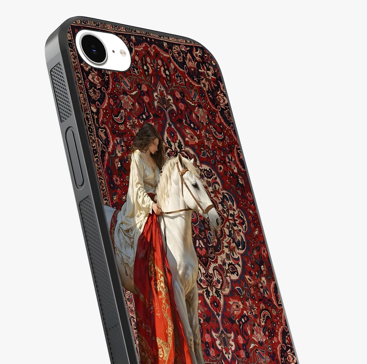 Royal Rider Tapestry Glass Case captured at a warm angle highlighting gloss, texture and premium glass finish.